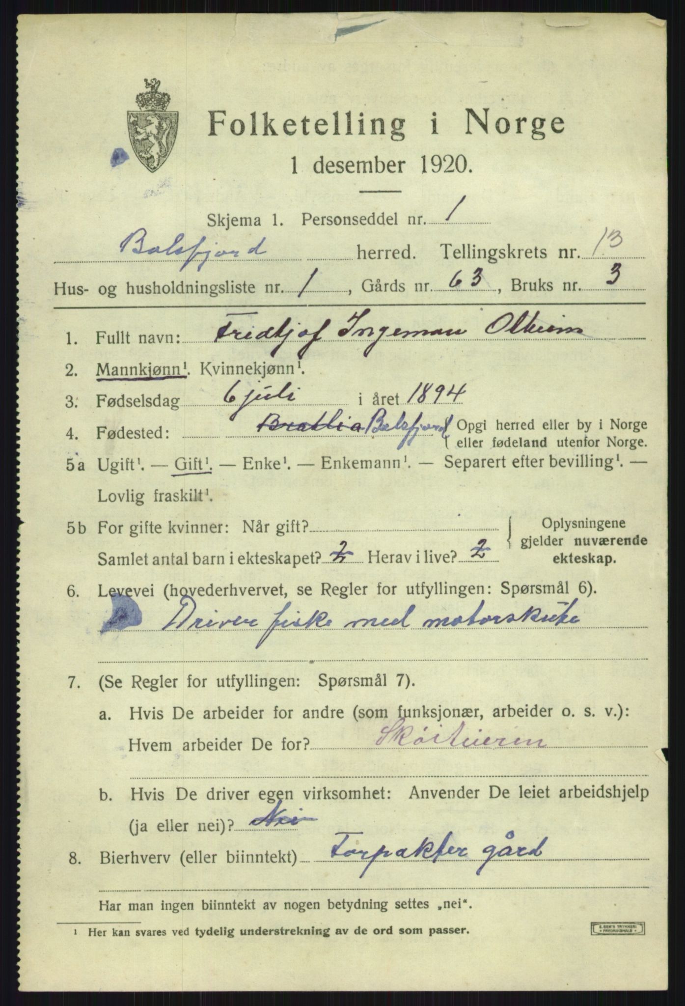 SATØ, 1920 census for Balsfjord, 1920, p. 7596