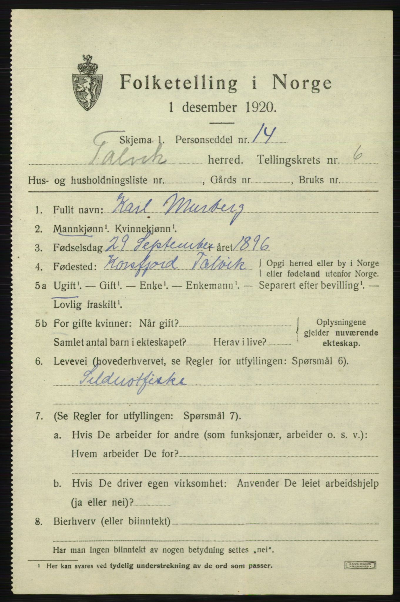SATØ, 1920 census for Talvik, 1920, p. 4044