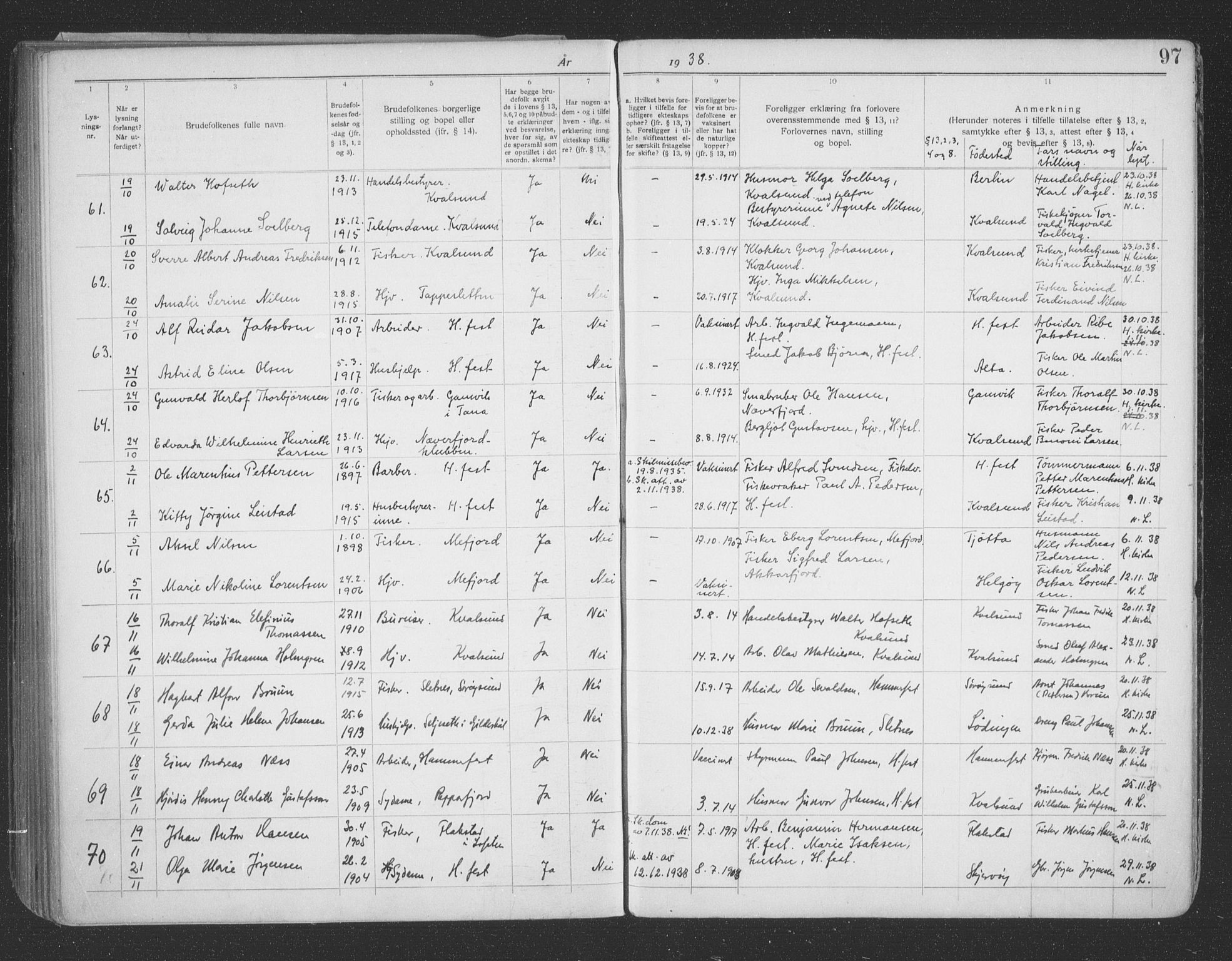 Hammerfest sokneprestkontor, SATØ/S-1347/I/Ib/L0073: Banns register no. 73, 1921-1939, p. 97