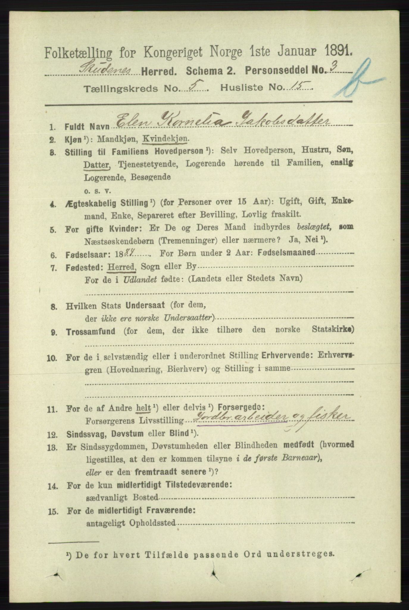 RA, 1891 census for 1150 Skudenes, 1891, p. 5309