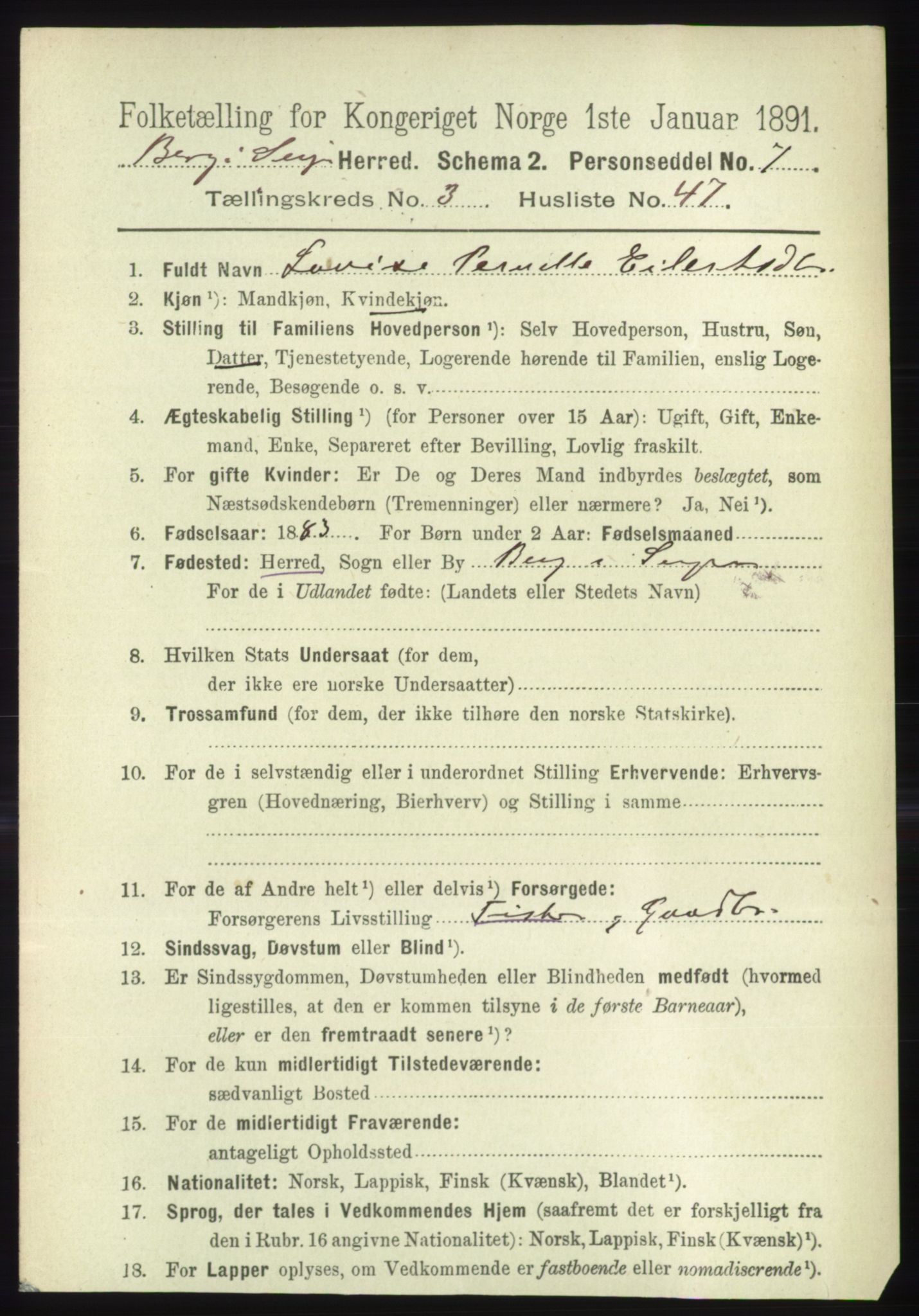 RA, 1891 census for 1929 Berg, 1891, p. 1319