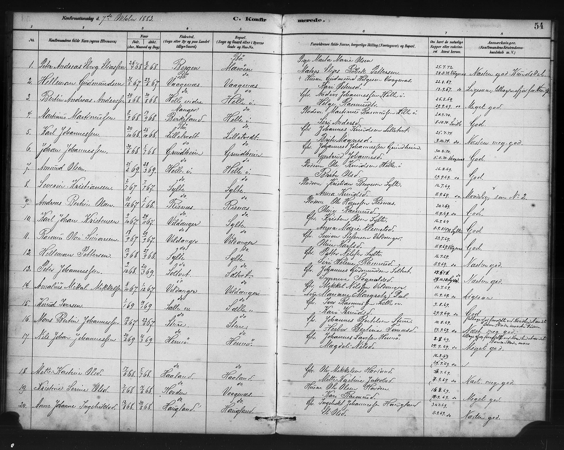 Manger sokneprestembete, SAB/A-76801/H/Haa: Parish register (official) no. C 1, 1881-1890, p. 54