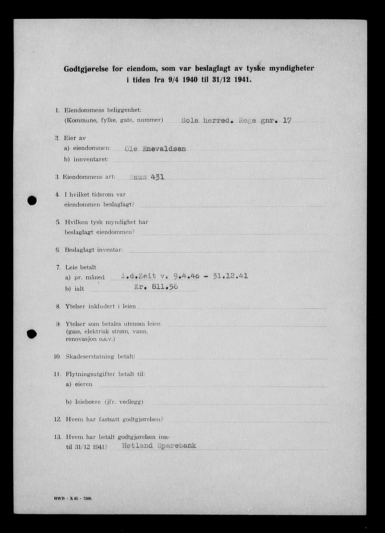 Justisdepartementet, Tilbakeføringskontoret for inndratte formuer, AV/RA-S-1564/I/L1014: Godtgjørelse for beslaglagt eiendom, 1940-1941, p. 238