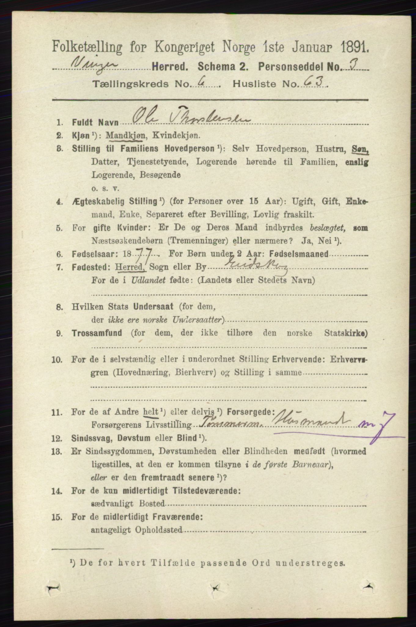 RA, 1891 census for 0421 Vinger, 1891, p. 2977
