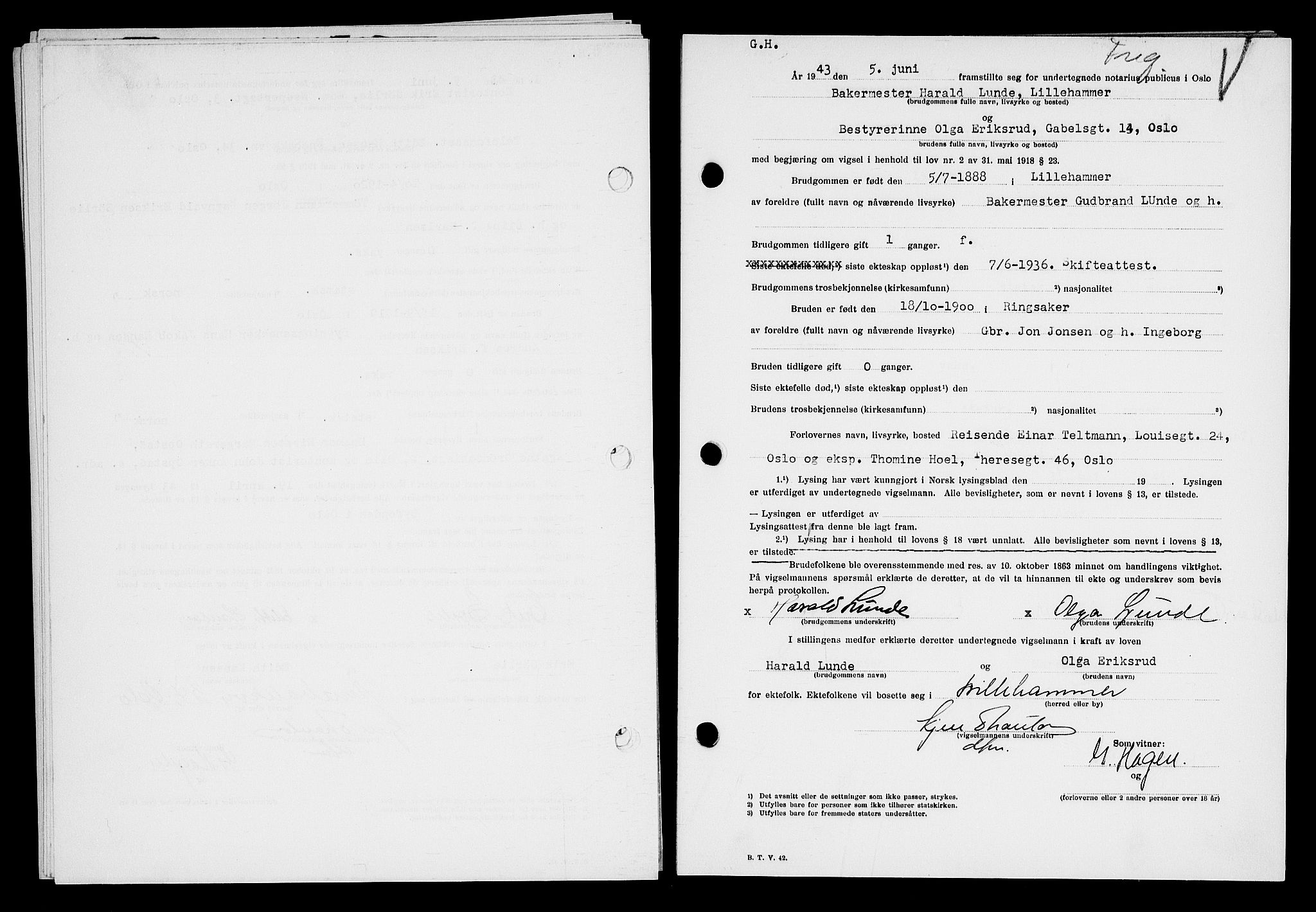 Oslo byfogd avd. I, AV/SAO-A-10220/L/Lb/Lbb/L0045: Notarialprotokoll, rekke II: Vigsler, 1943