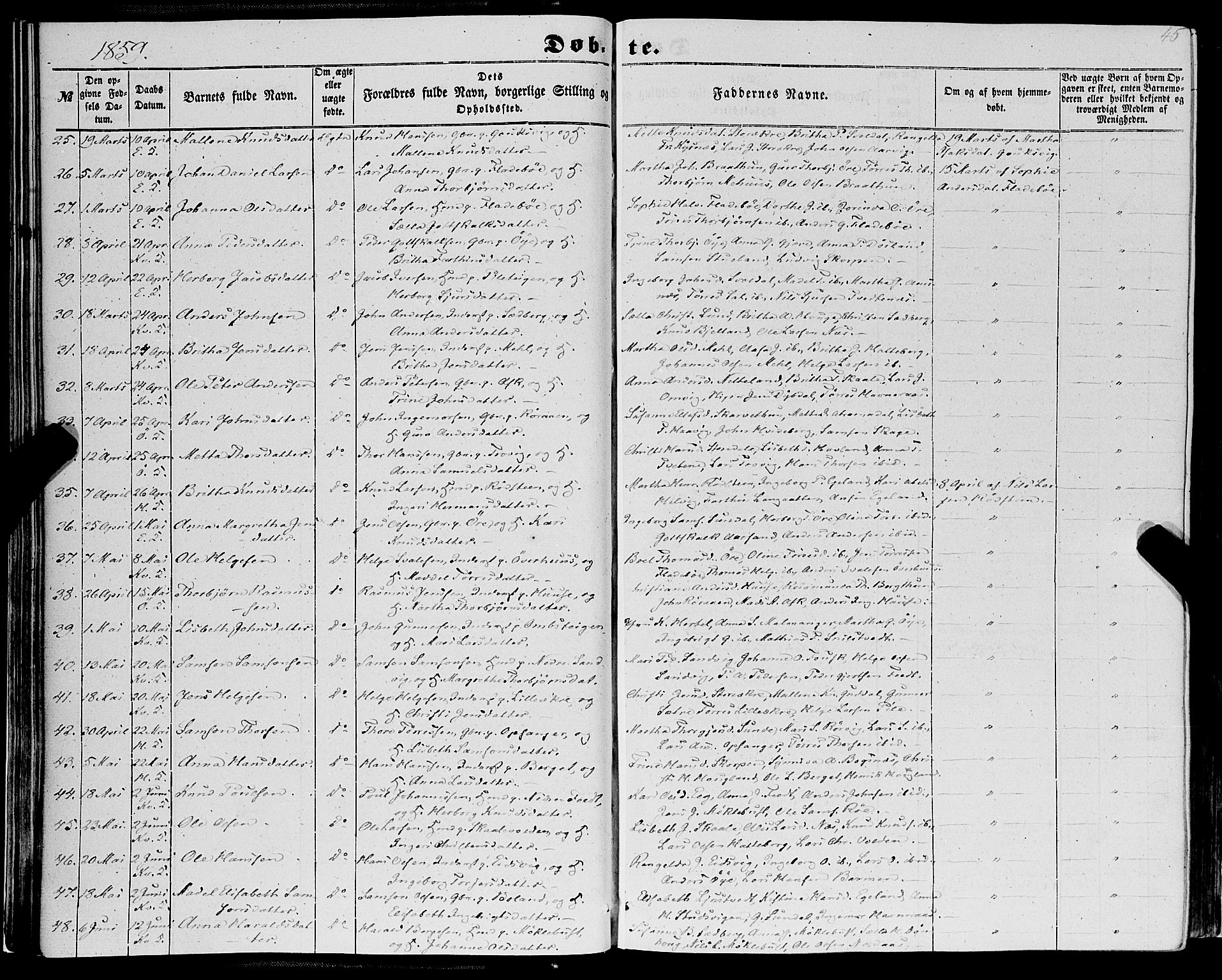 Kvinnherad sokneprestembete, AV/SAB-A-76401/H/Haa: Parish register (official) no. A 8, 1854-1872, p. 45