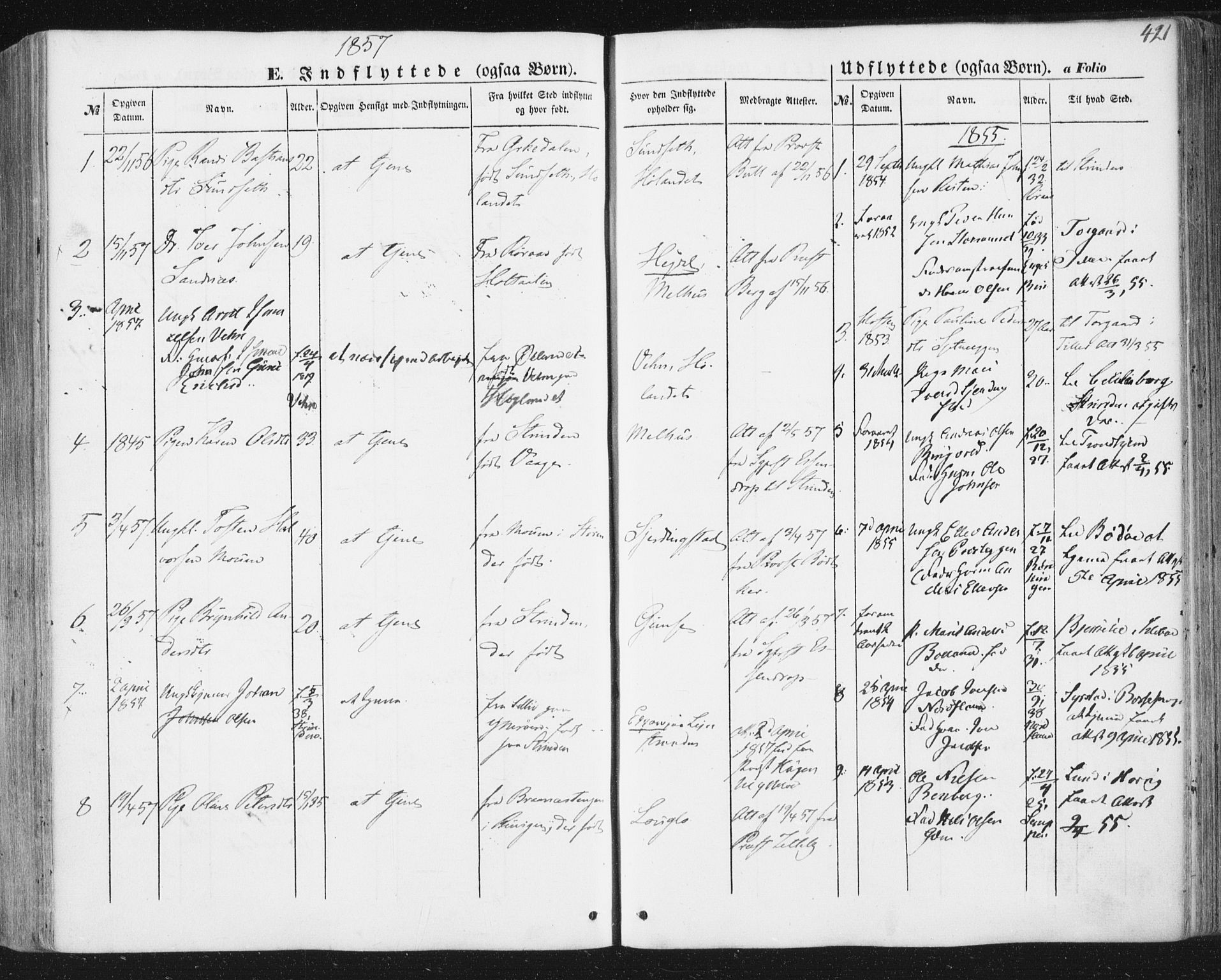Ministerialprotokoller, klokkerbøker og fødselsregistre - Sør-Trøndelag, SAT/A-1456/691/L1076: Parish register (official) no. 691A08, 1852-1861, p. 421