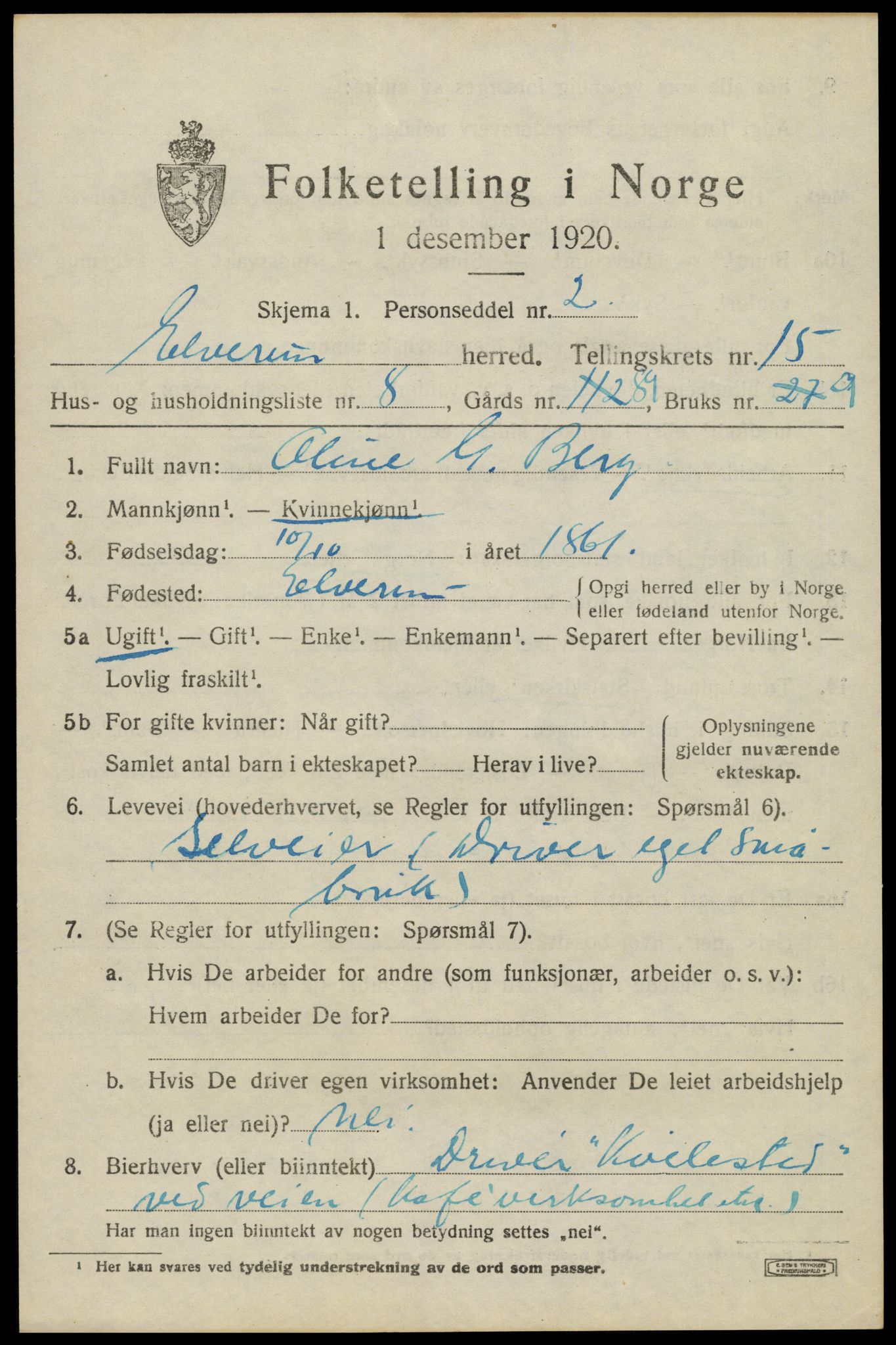 SAH, 1920 census for Elverum, 1920, p. 19350