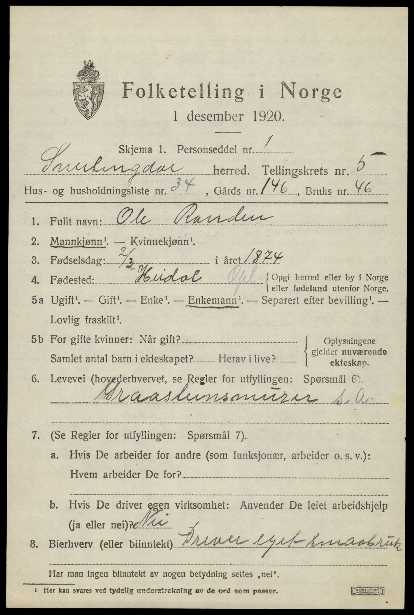 SAH, 1920 census for Snertingdal, 1920, p. 4695