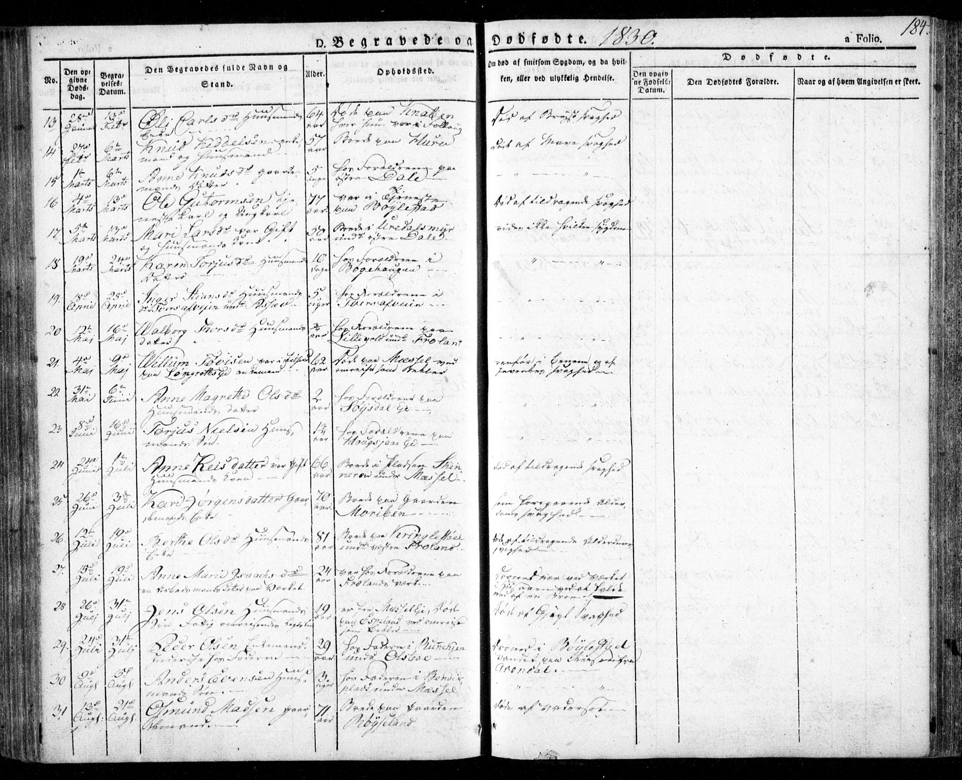 Froland sokneprestkontor, AV/SAK-1111-0013/F/Fa/L0001: Parish register (official) no. A 1, 1827-1844, p. 184