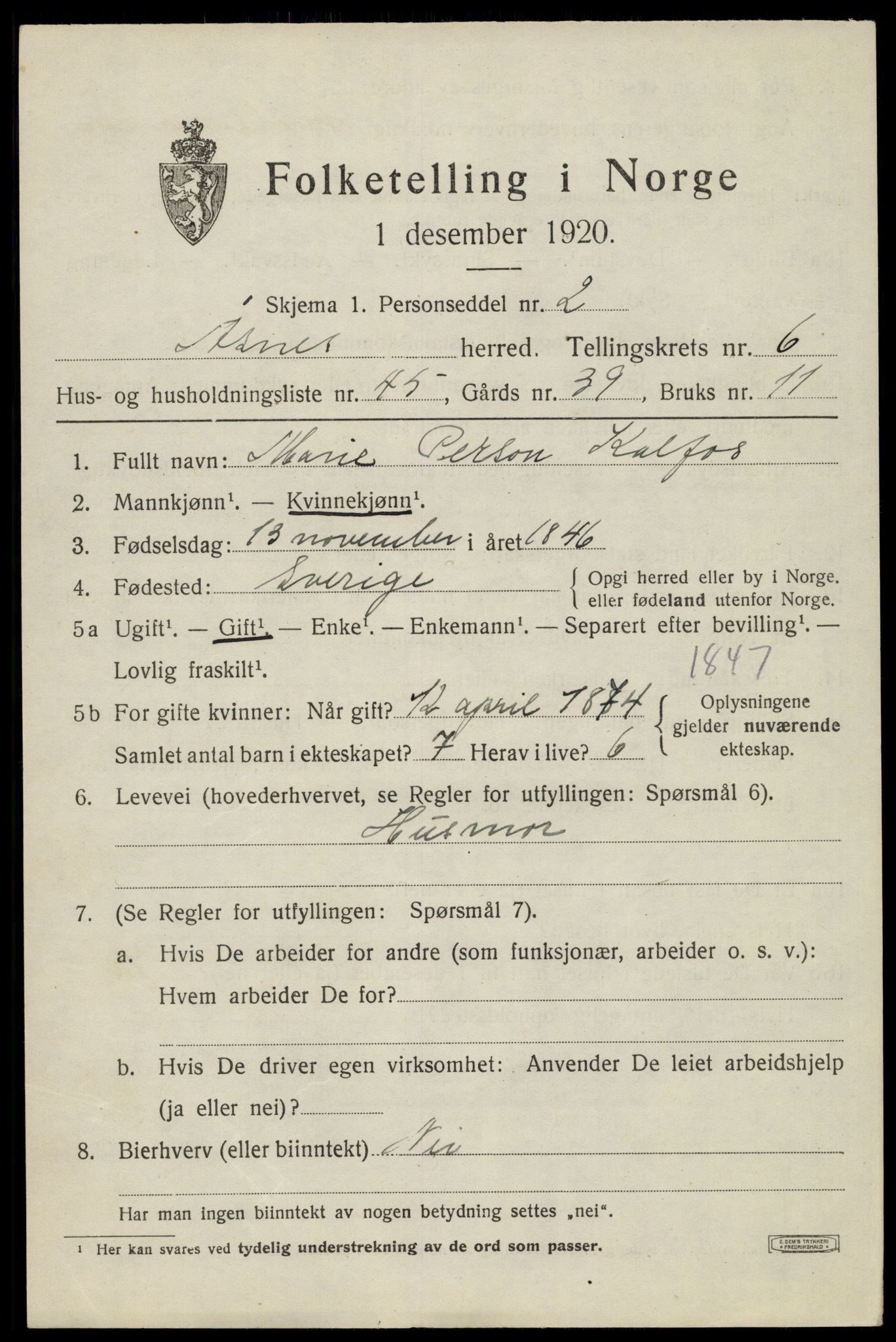 SAH, 1920 census for Åsnes, 1920, p. 8254