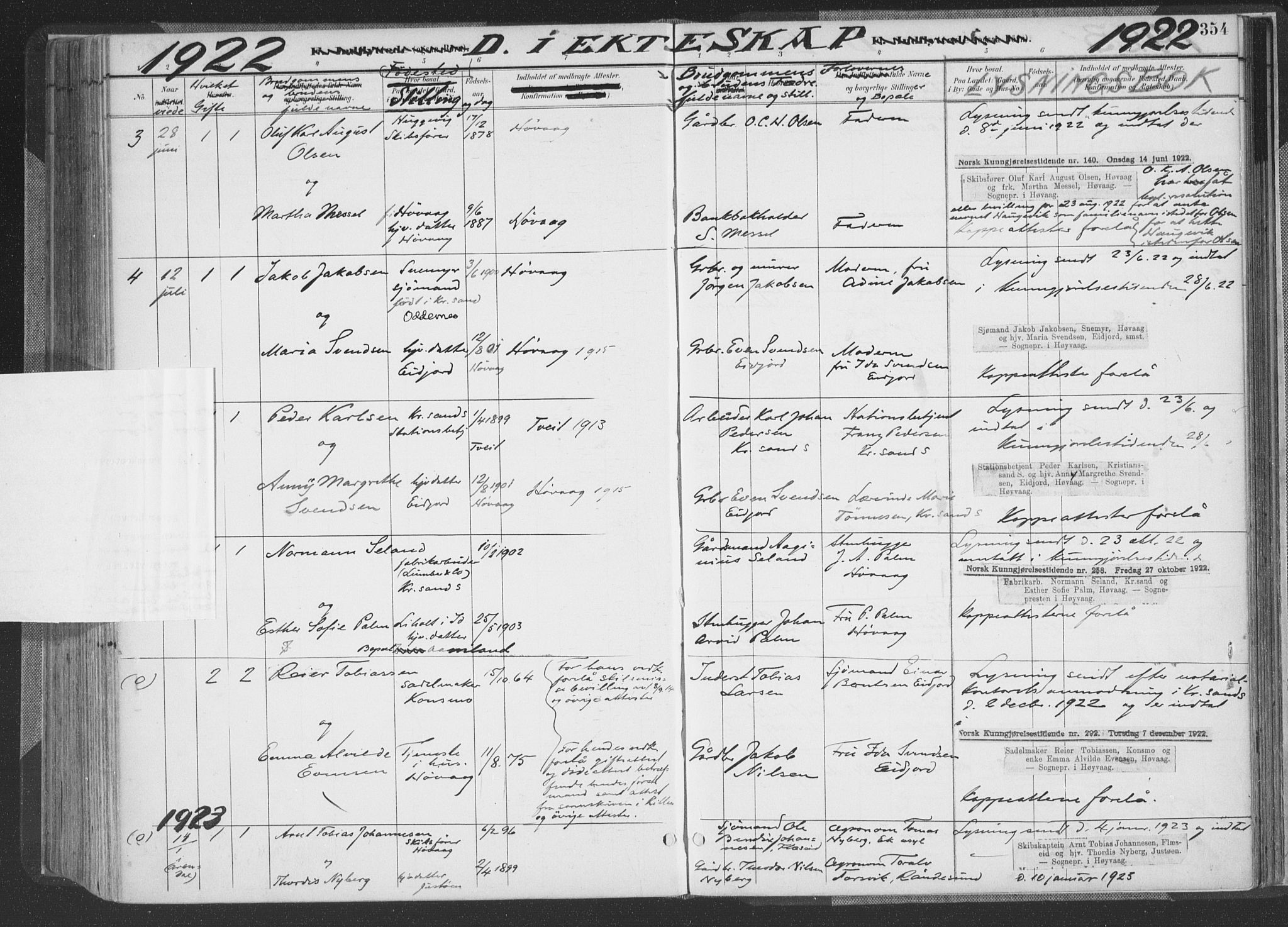 Høvåg sokneprestkontor, AV/SAK-1111-0025/F/Fa/L0006: Parish register (official) no. A 6, 1894-1923, p. 354