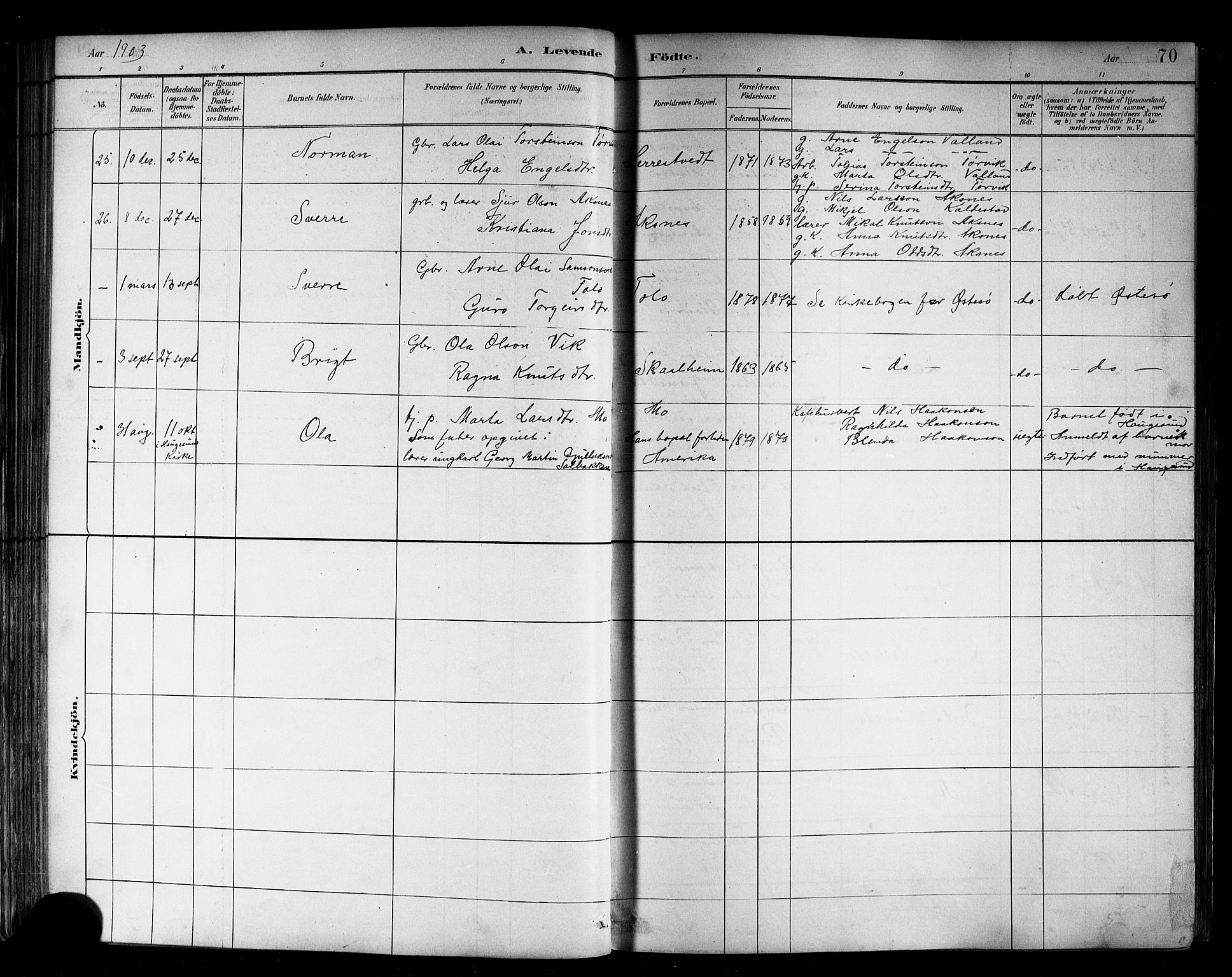 Kvam sokneprestembete, SAB/A-76201/H/Hab: Parish register (copy) no. B 3, 1884-1916, p. 70