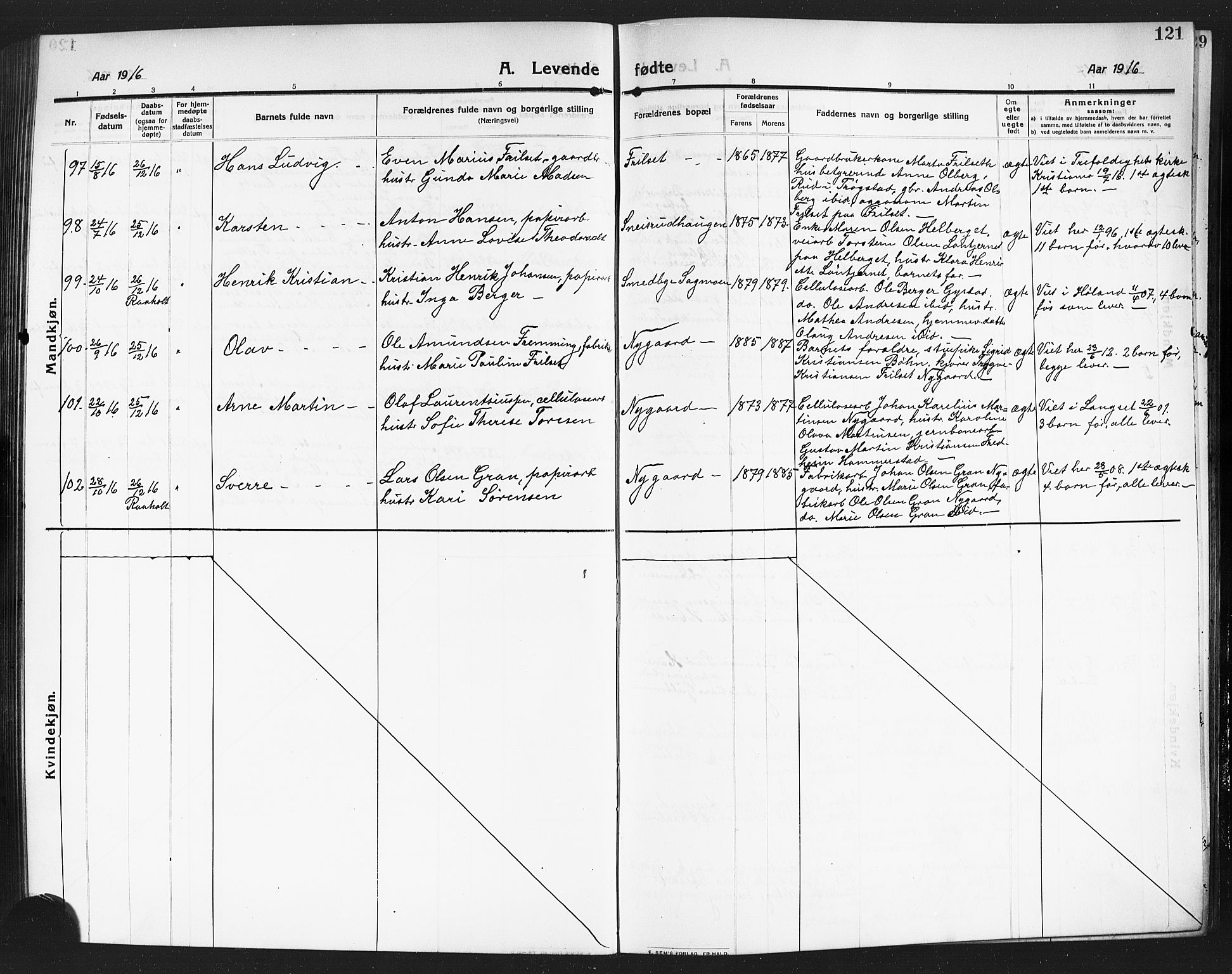 Eidsvoll prestekontor Kirkebøker, SAO/A-10888/G/Ga/L0008: Parish register (copy) no. I 8, 1909-1918, p. 121