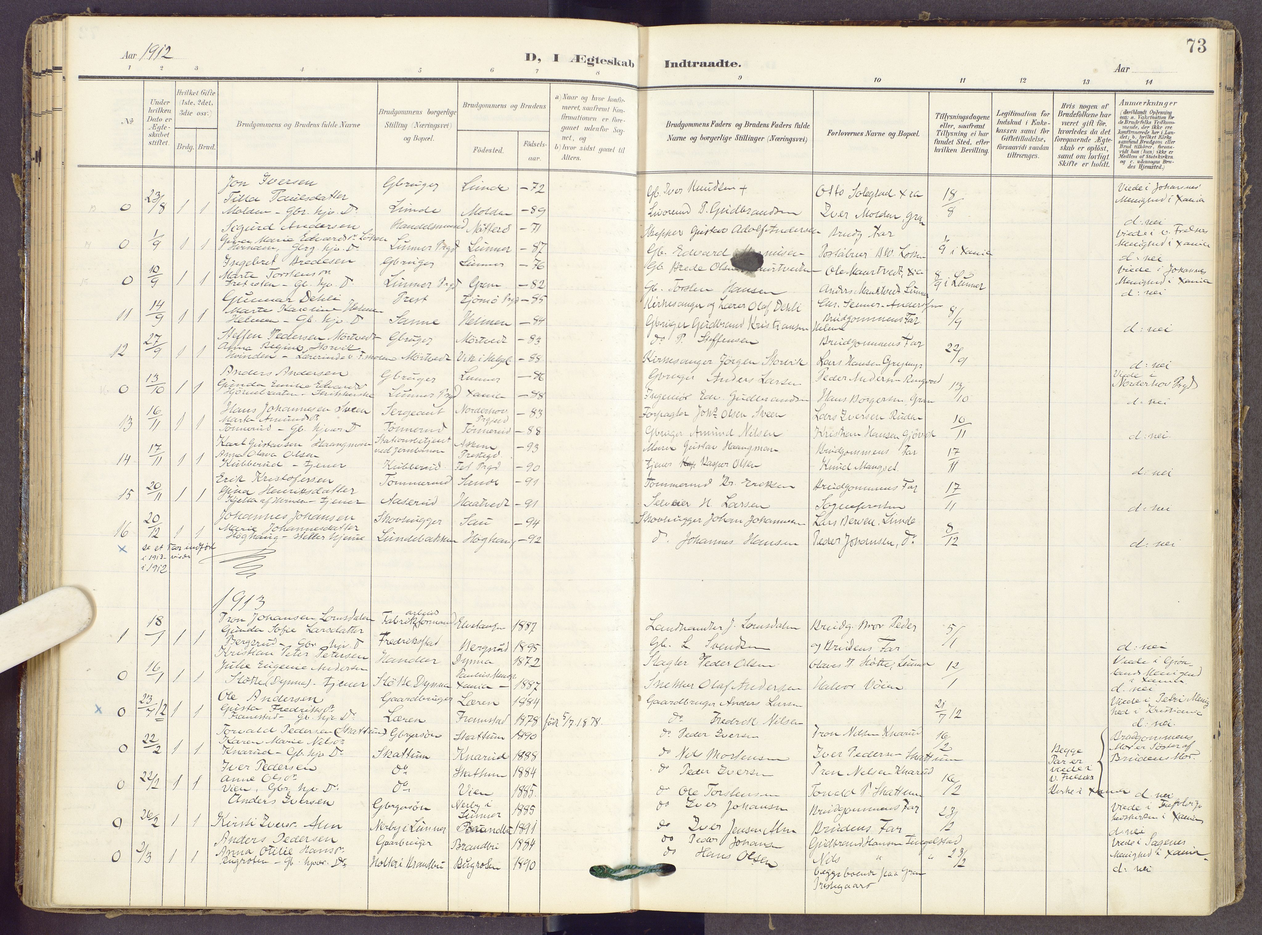Gran prestekontor, SAH/PREST-112/H/Ha/Haa/L0022: Parish register (official) no. 22, 1908-1918, p. 73
