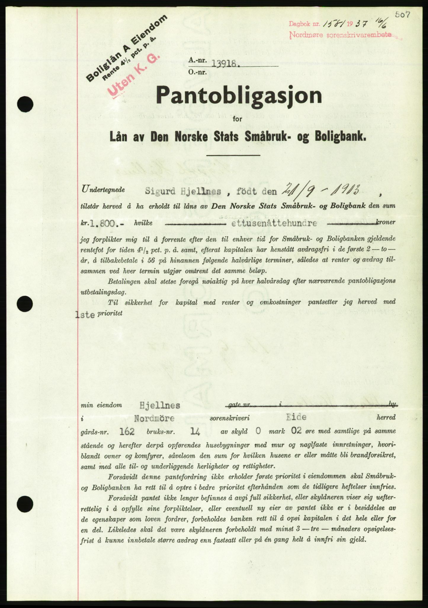 Nordmøre sorenskriveri, AV/SAT-A-4132/1/2/2Ca/L0091: Mortgage book no. B81, 1937-1937, Diary no: : 1581/1937