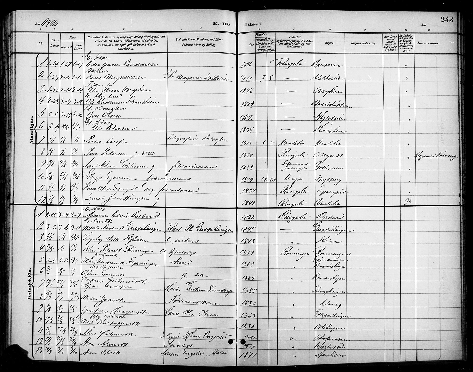 Ringebu prestekontor, SAH/PREST-082/H/Ha/Hab/L0009: Parish register (copy) no. 9, 1899-1921, p. 243