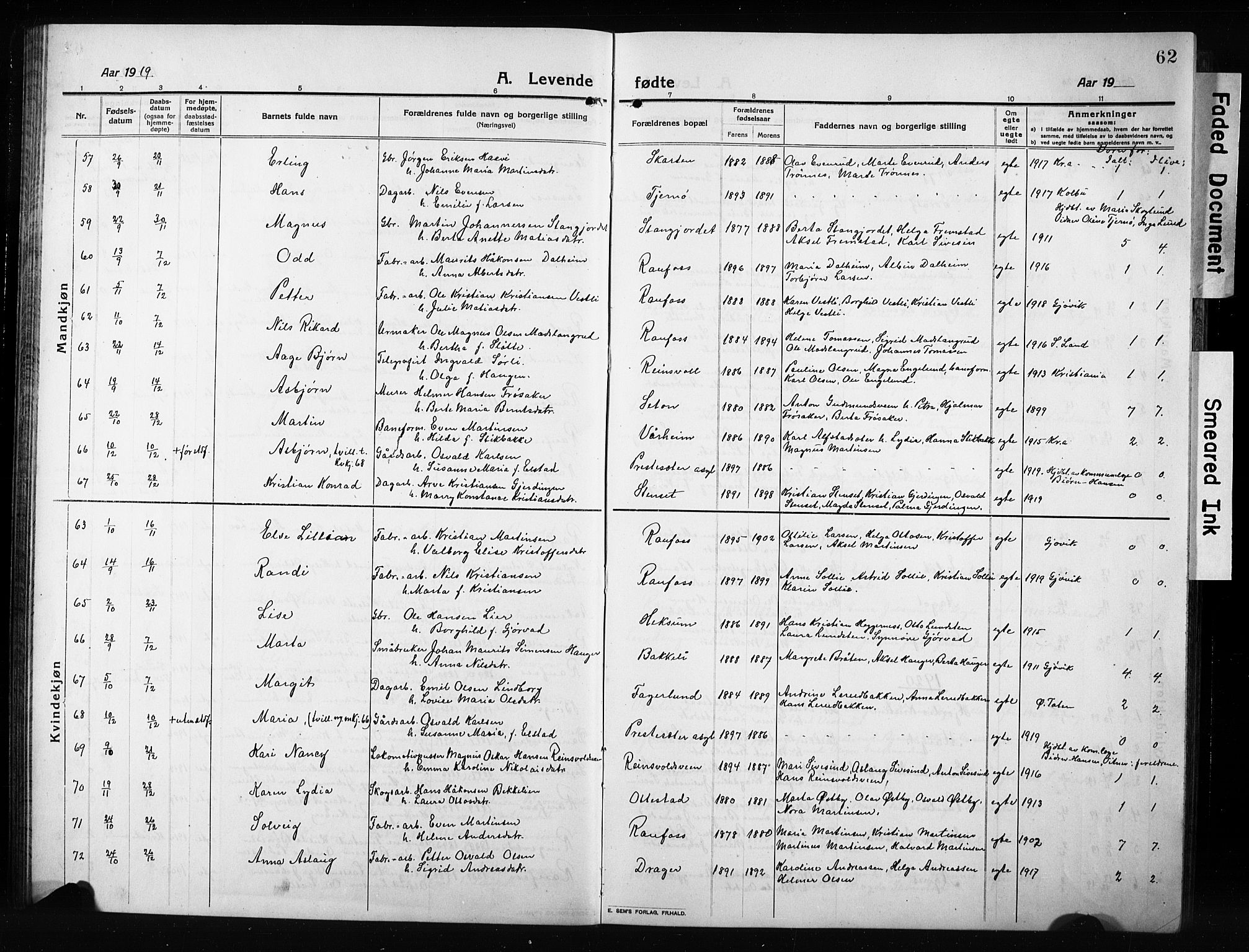 Vestre Toten prestekontor, AV/SAH-PREST-108/H/Ha/Hab/L0012: Parish register (copy) no. 12, 1909-1928, p. 62
