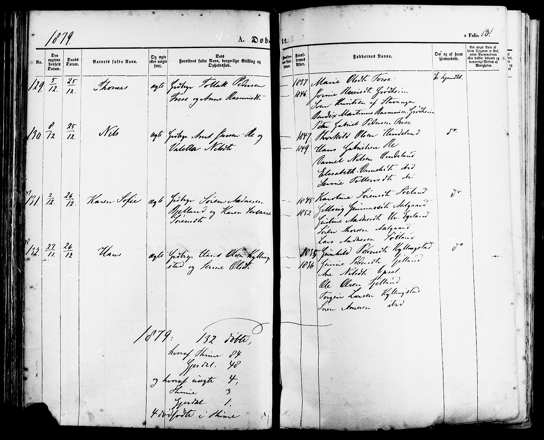 Lye sokneprestkontor, AV/SAST-A-101794/001/30BA/L0008: Parish register (official) no. A 7, 1872-1881, p. 131