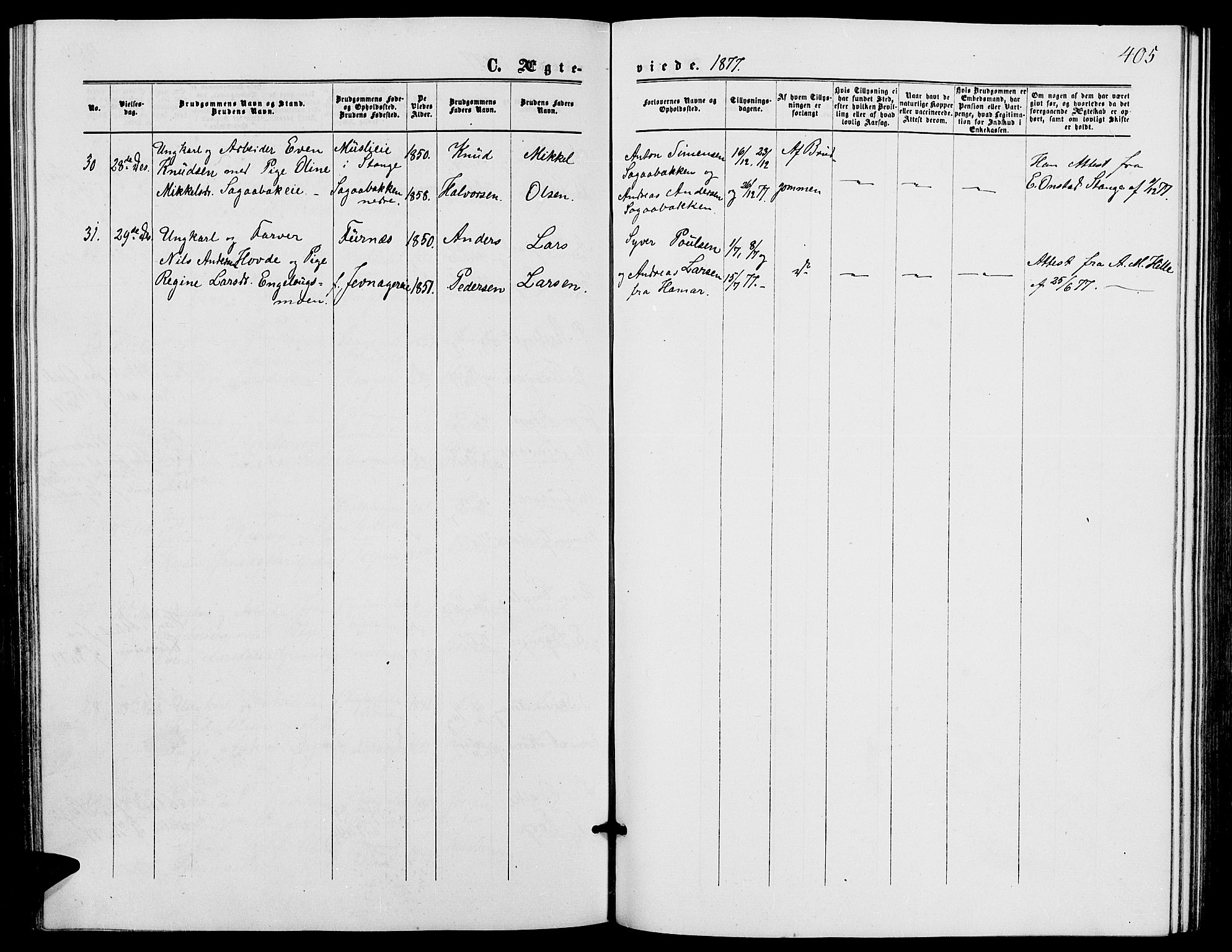 Løten prestekontor, SAH/PREST-022/L/La/L0004: Parish register (copy) no. 4, 1863-1877, p. 405