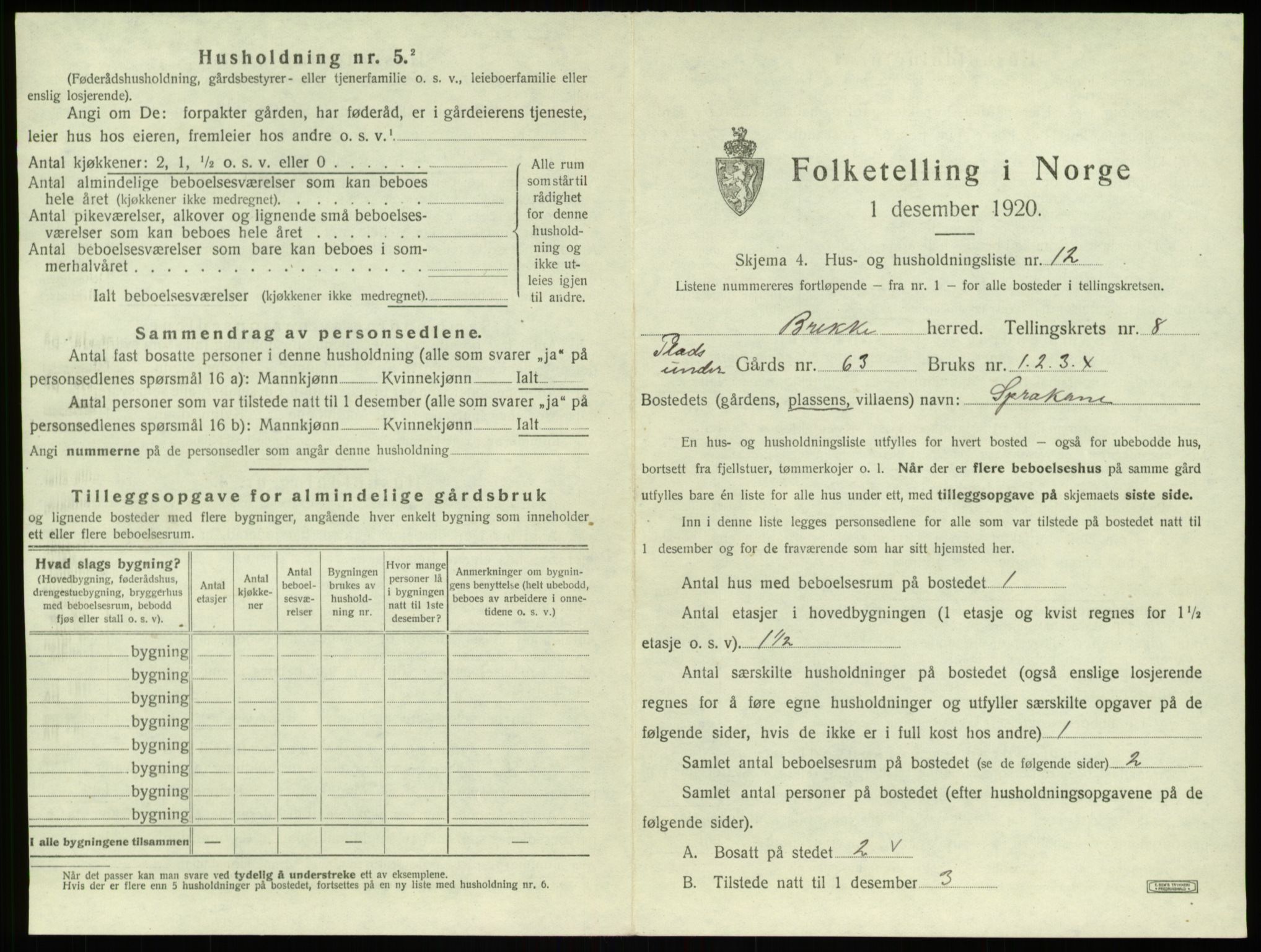 SAB, 1920 census for Brekke, 1920, p. 266