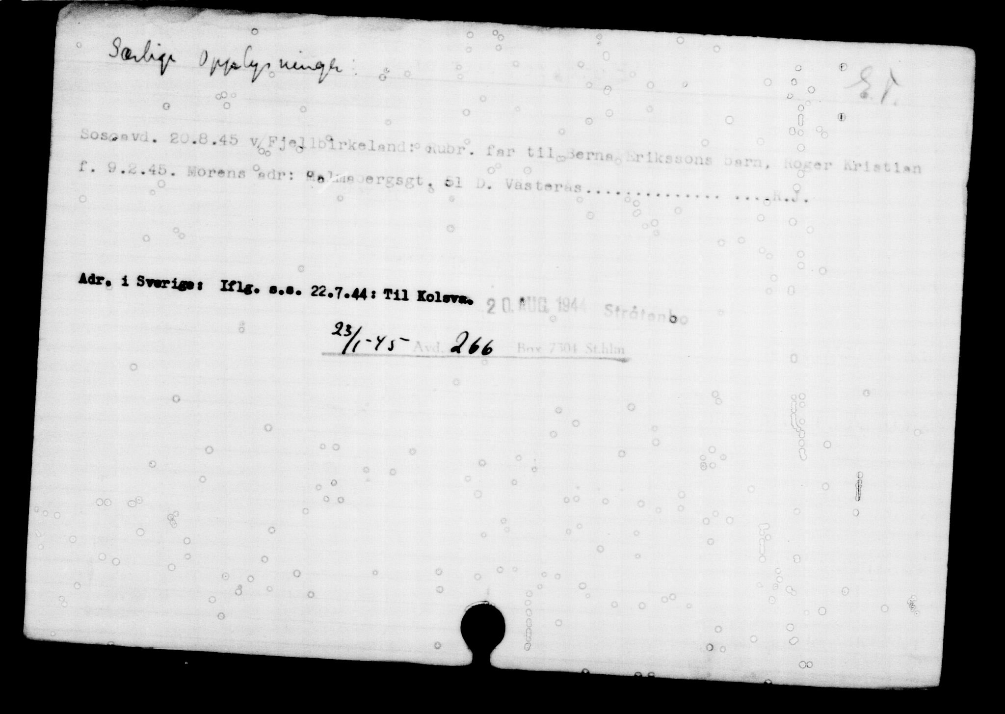 Utenriksstasjonene, Legasjonen i Stockholm, Flyktningkontoret, AV/RA-S-6753/V/Va/L0001: Kjesäterkartoteket, flyktninger med registreringsnr. 1-1000, 1940-1945, p. 46