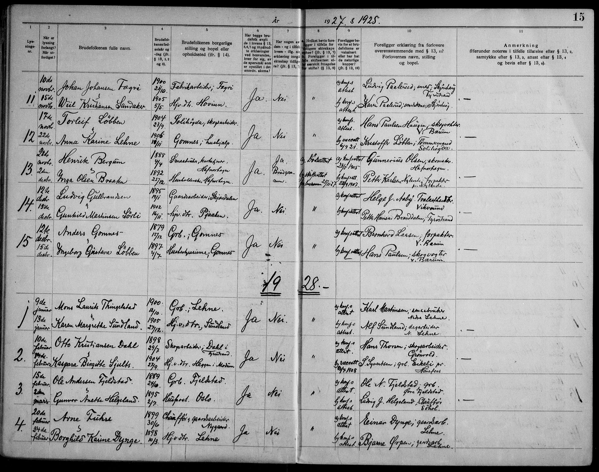 Hole kirkebøker, AV/SAKO-A-228/H/Ha/L0004: Banns register no. 4, 1919-1960, p. 15