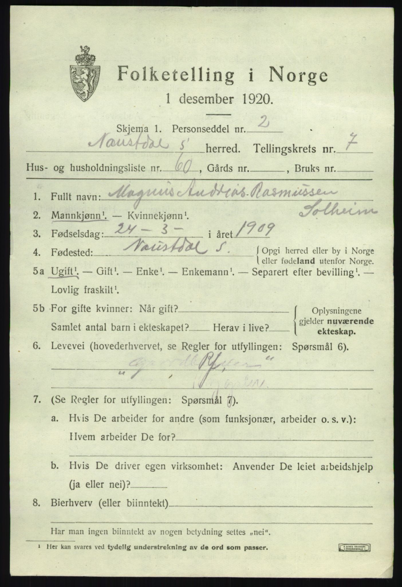 SAB, 1920 census for Naustdal, 1920, p. 4855