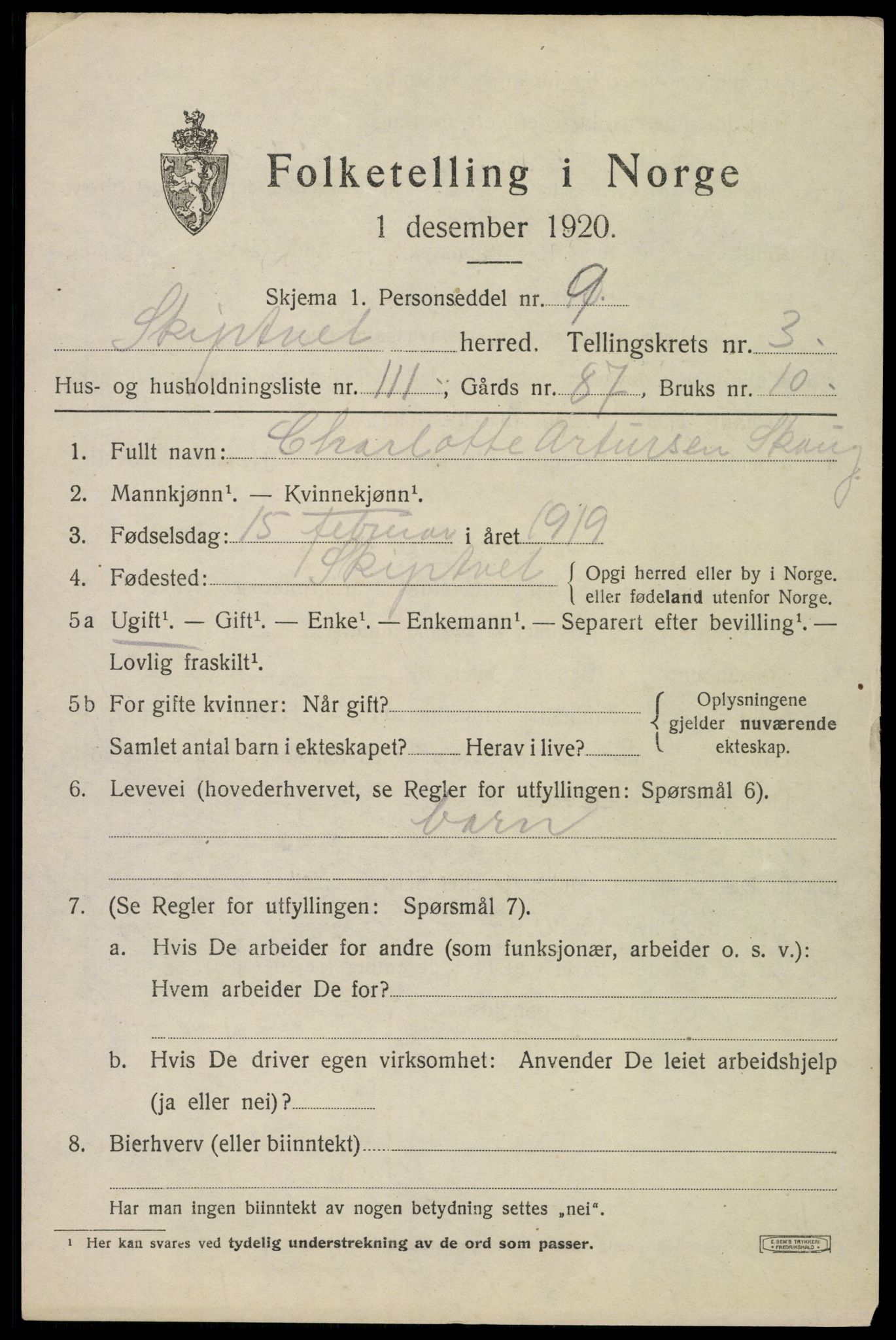 SAO, 1920 census for Skiptvet, 1920, p. 4193