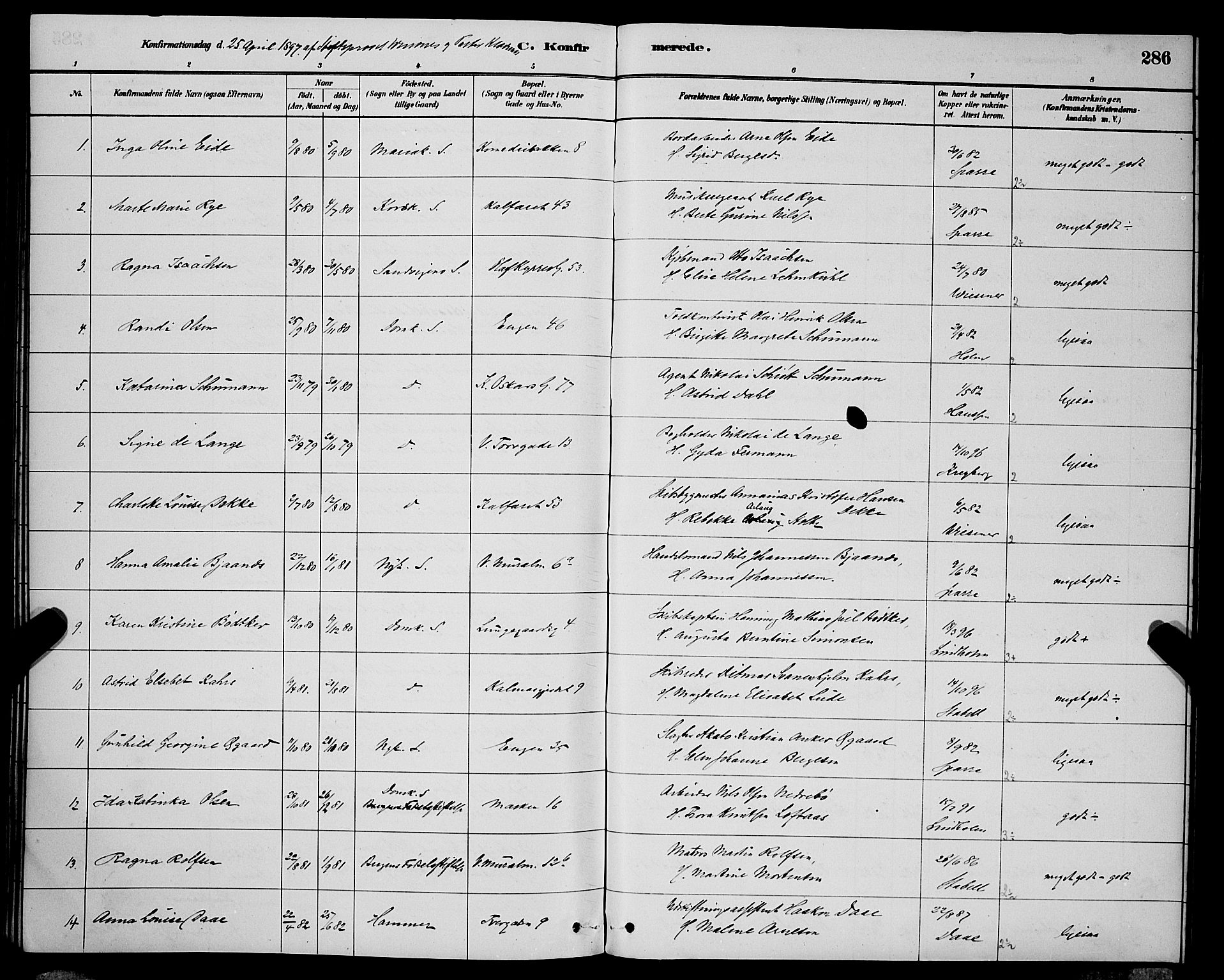 Domkirken sokneprestembete, SAB/A-74801/H/Hab/L0024: Parish register (copy) no. C 4, 1880-1899, p. 286