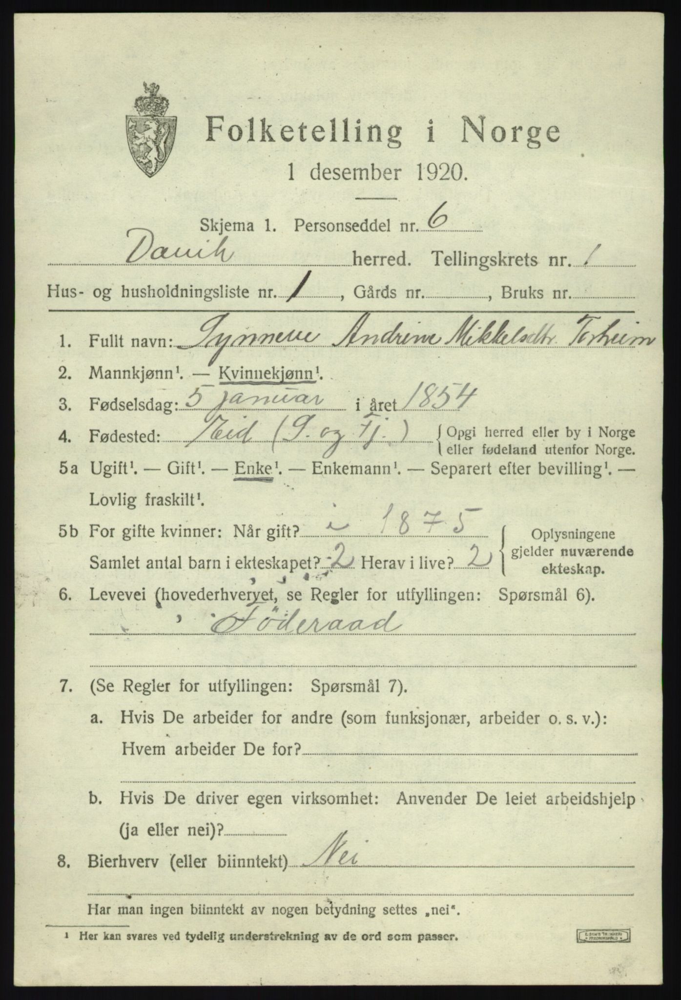 SAB, 1920 census for Davik, 1920, p. 1203