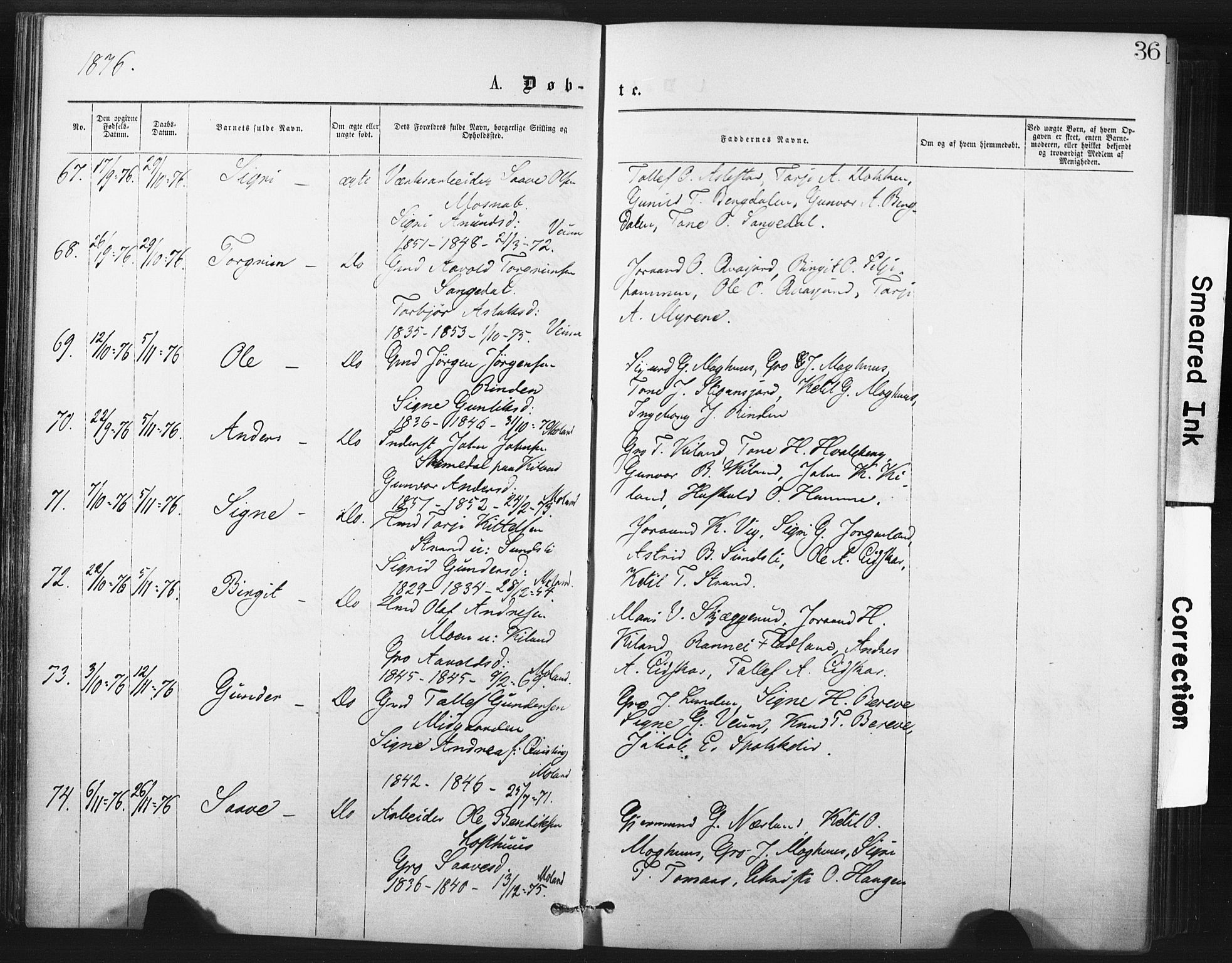 Fyresdal kirkebøker, AV/SAKO-A-263/F/Fa/L0006: Parish register (official) no. I 6, 1872-1886, p. 36