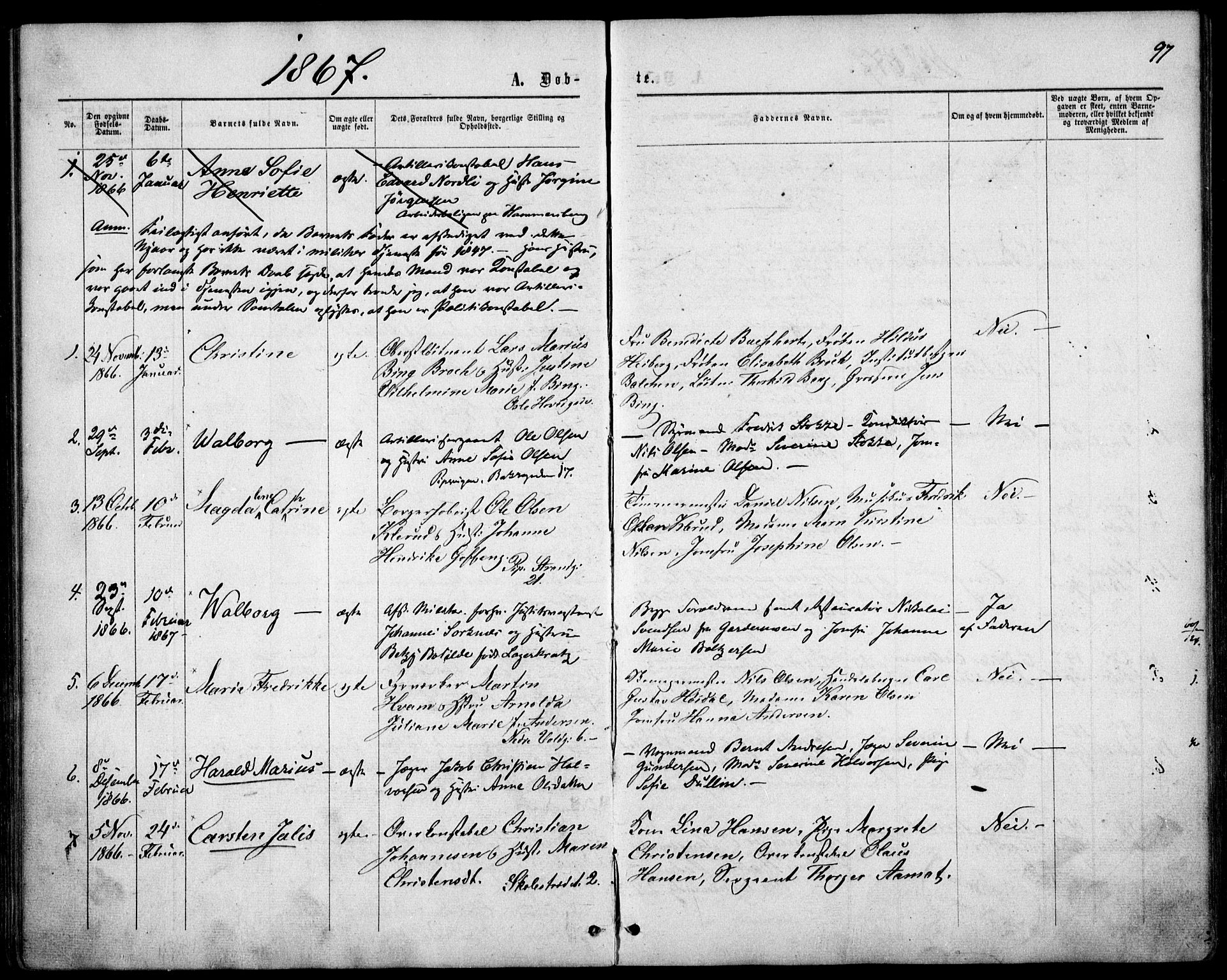 Garnisonsmenigheten Kirkebøker, AV/SAO-A-10846/F/Fa/L0010: Parish register (official) no. 10, 1859-1869, p. 97