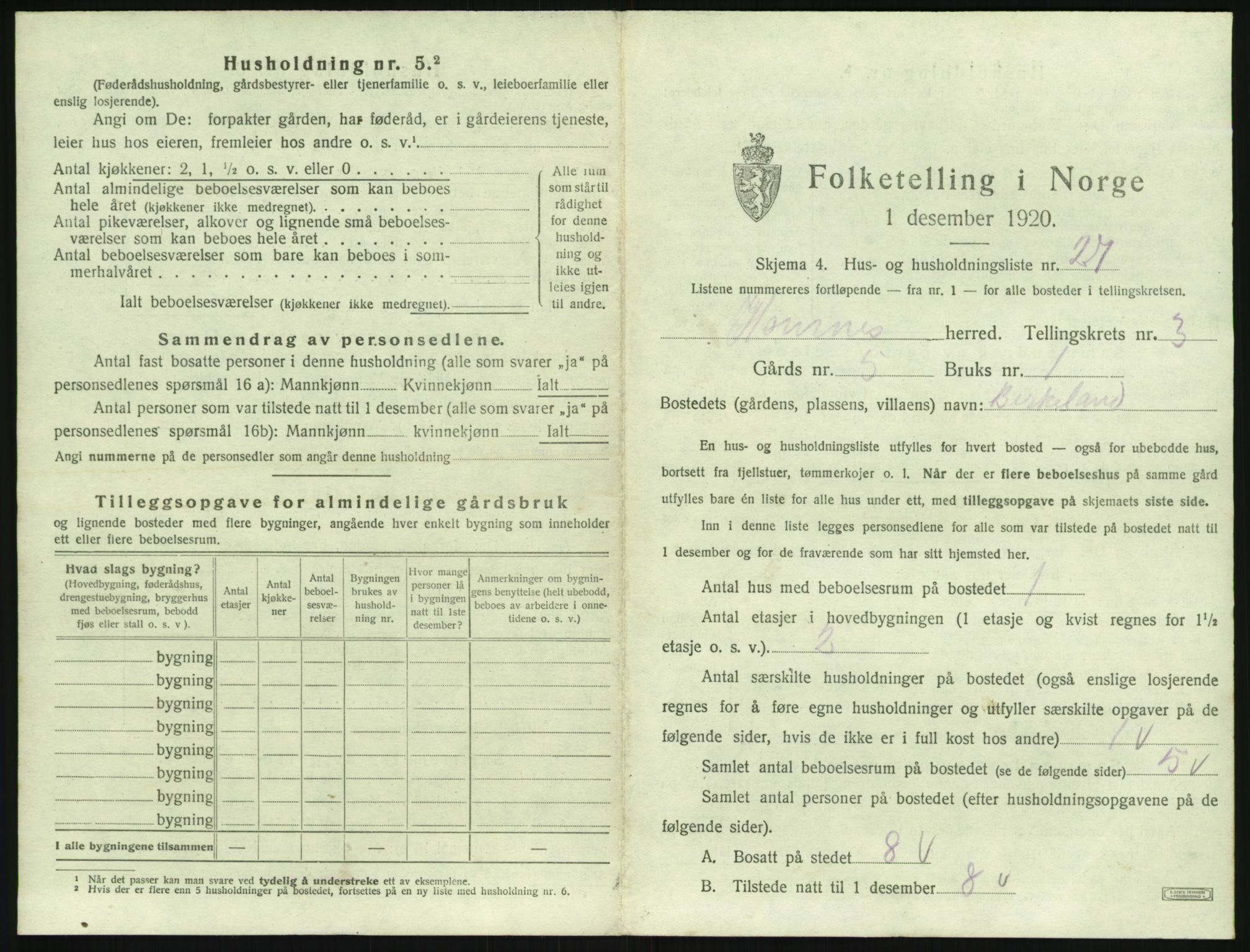 SAK, 1920 census for Hornnes, 1920, p. 169