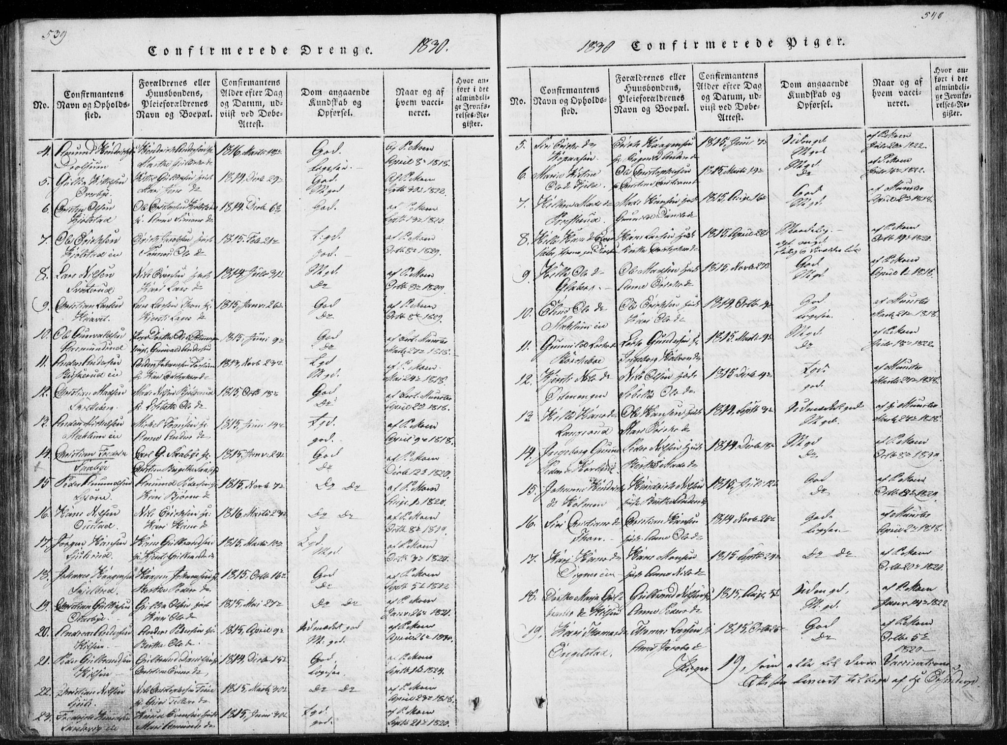 Modum kirkebøker, SAKO/A-234/G/Ga/L0002: Parish register (copy) no. I 2, 1824-1832, p. 539-540