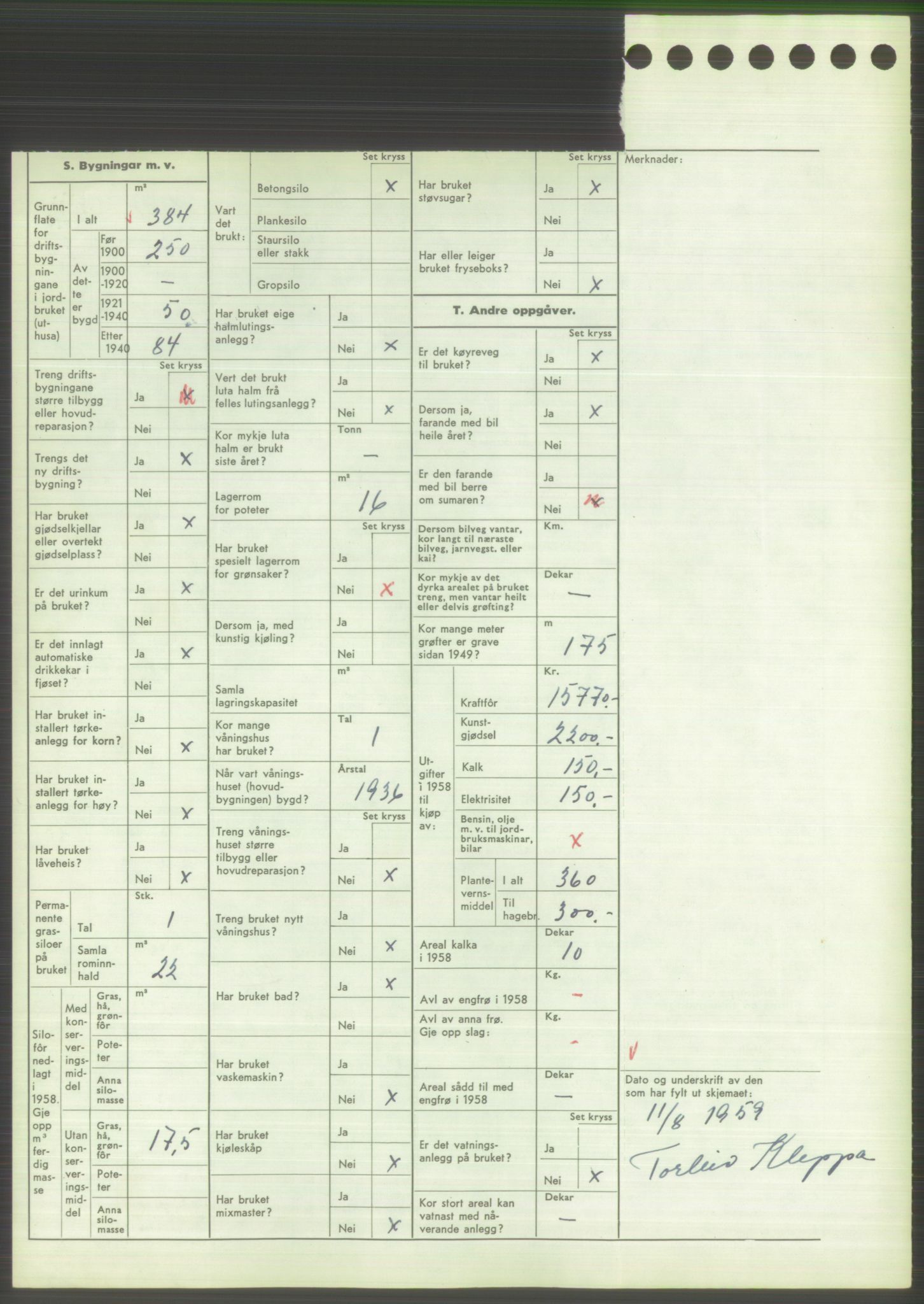 Statistisk sentralbyrå, Næringsøkonomiske emner, Jordbruk, skogbruk, jakt, fiske og fangst, AV/RA-S-2234/G/Gd/L0373: Rogaland: 1130 Strand (kl. 1-2), 1131 Årdal og 1132 Fister, 1959, p. 1370