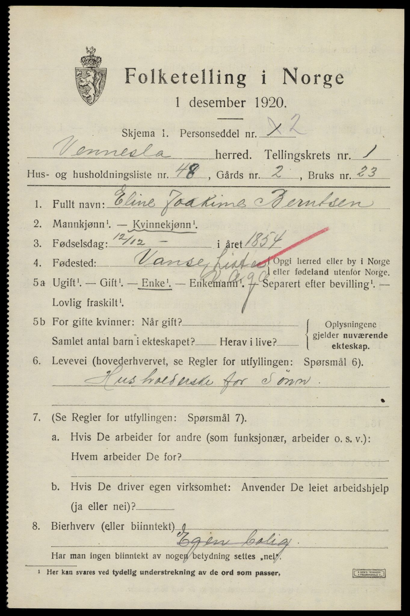 SAK, 1920 census for Vennesla, 1920, p. 1474