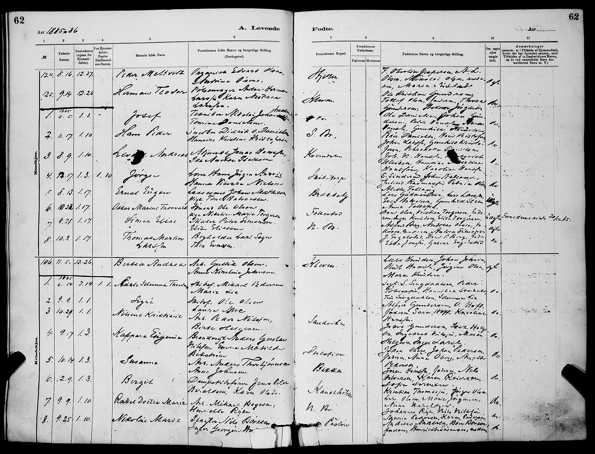 Skien kirkebøker, SAKO/A-302/G/Ga/L0006: Parish register (copy) no. 6, 1881-1890, p. 62