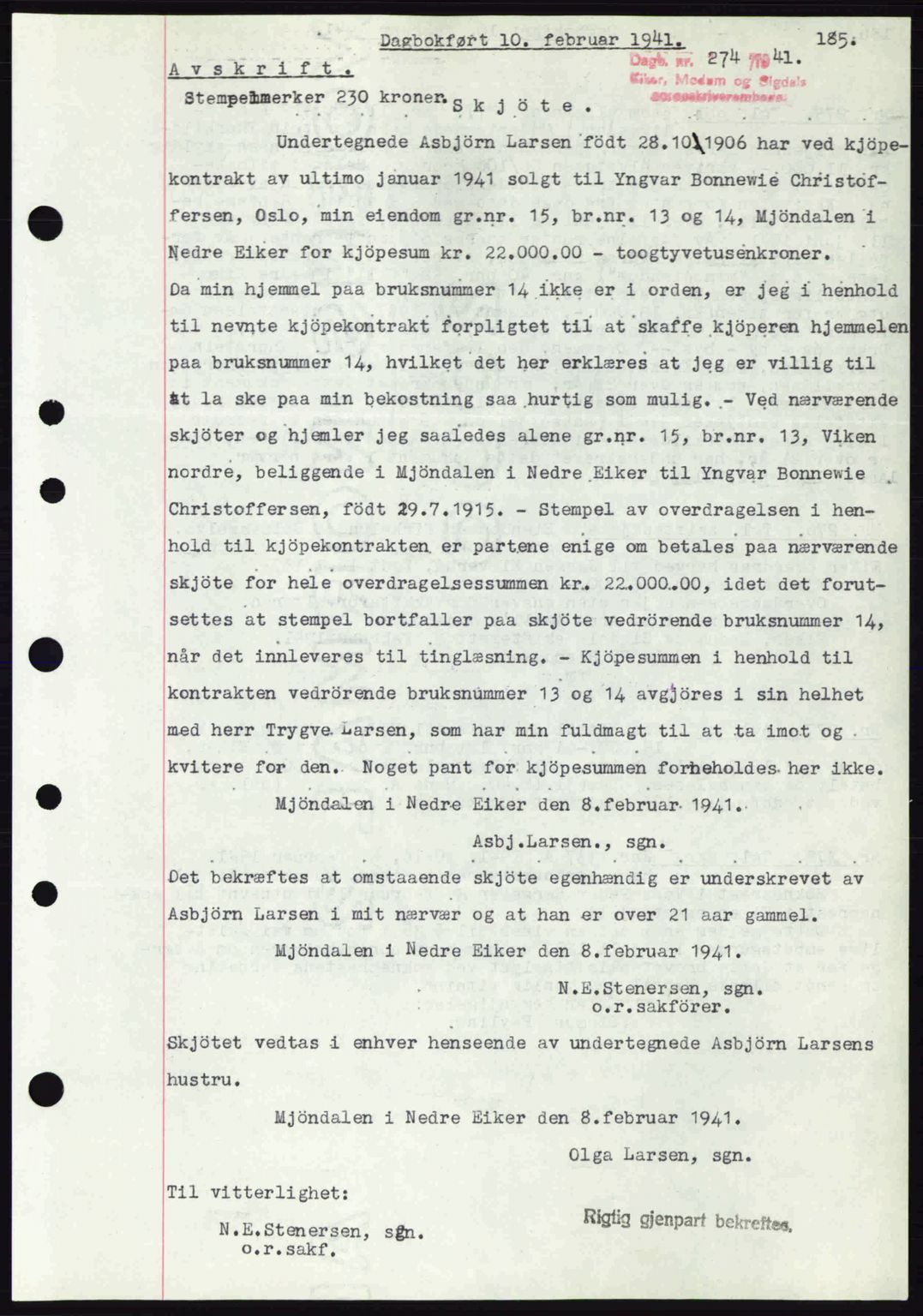 Eiker, Modum og Sigdal sorenskriveri, SAKO/A-123/G/Ga/Gab/L0043: Mortgage book no. A13, 1940-1941, Diary no: : 274/1941