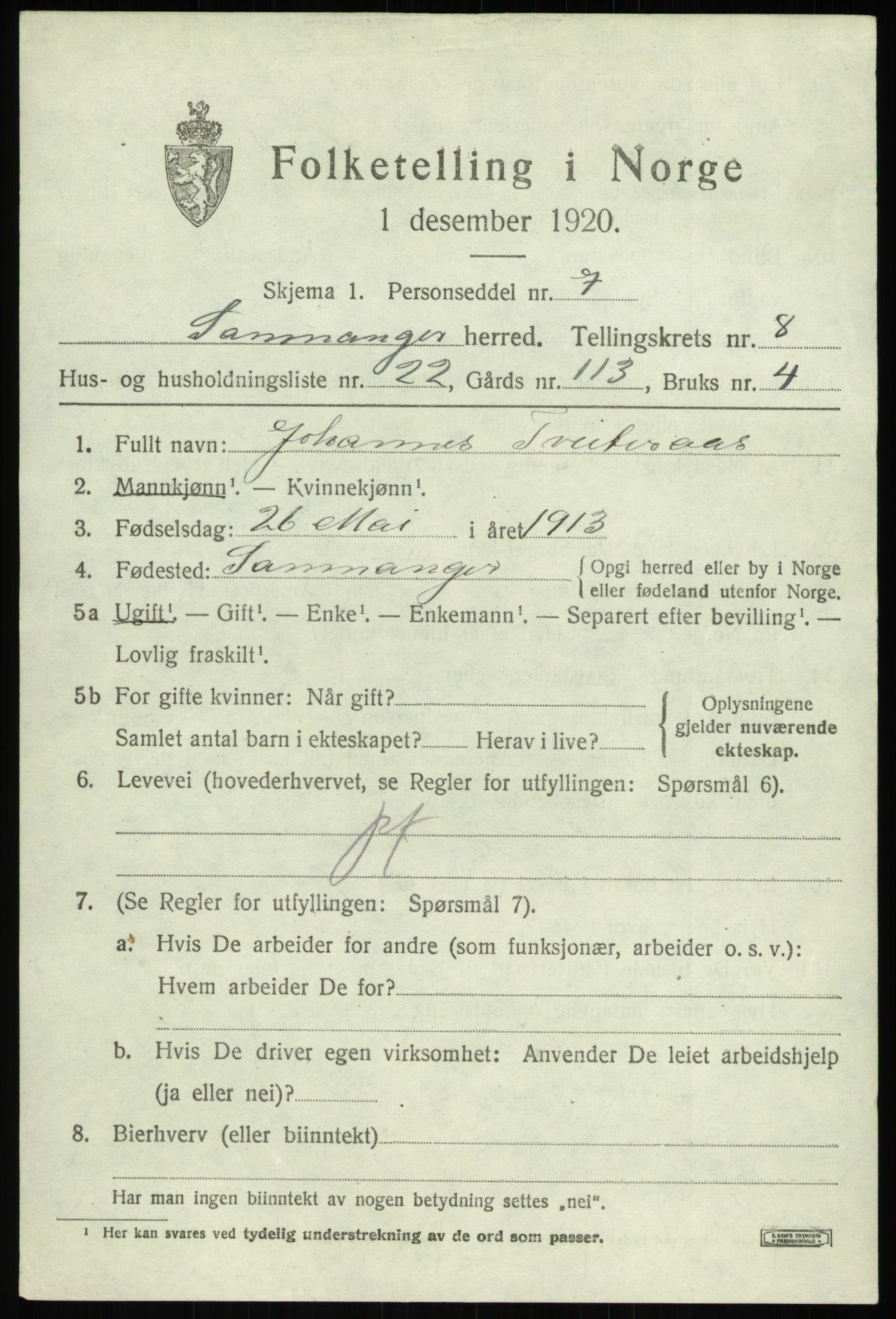 SAB, 1920 census for Samnanger, 1920, p. 3851