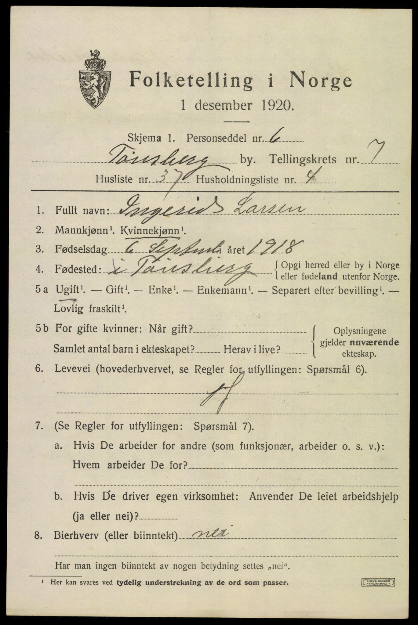 SAKO, 1920 census for Tønsberg, 1920, p. 16223