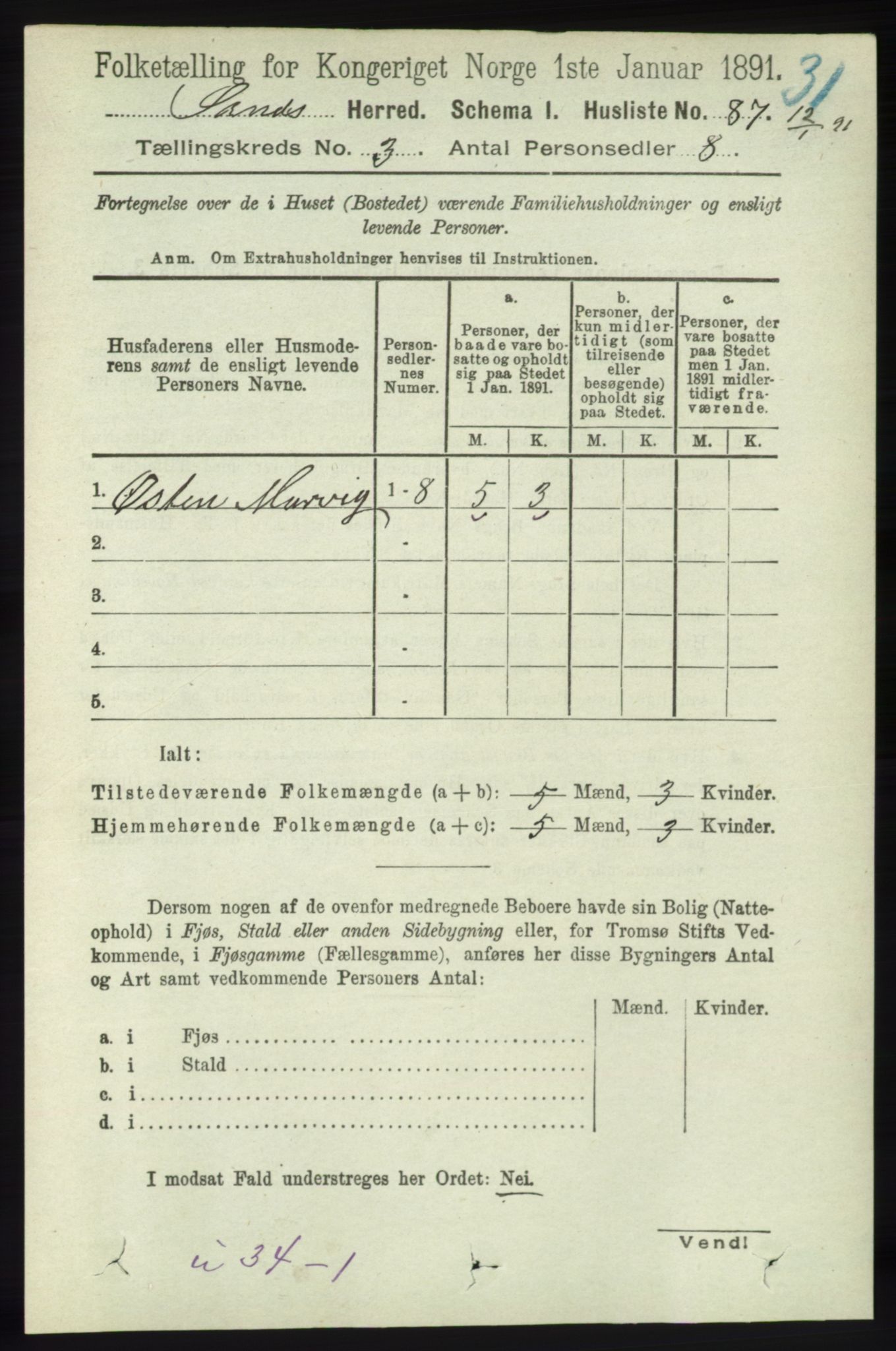 RA, 1891 census for 1136 Sand, 1891, p. 664