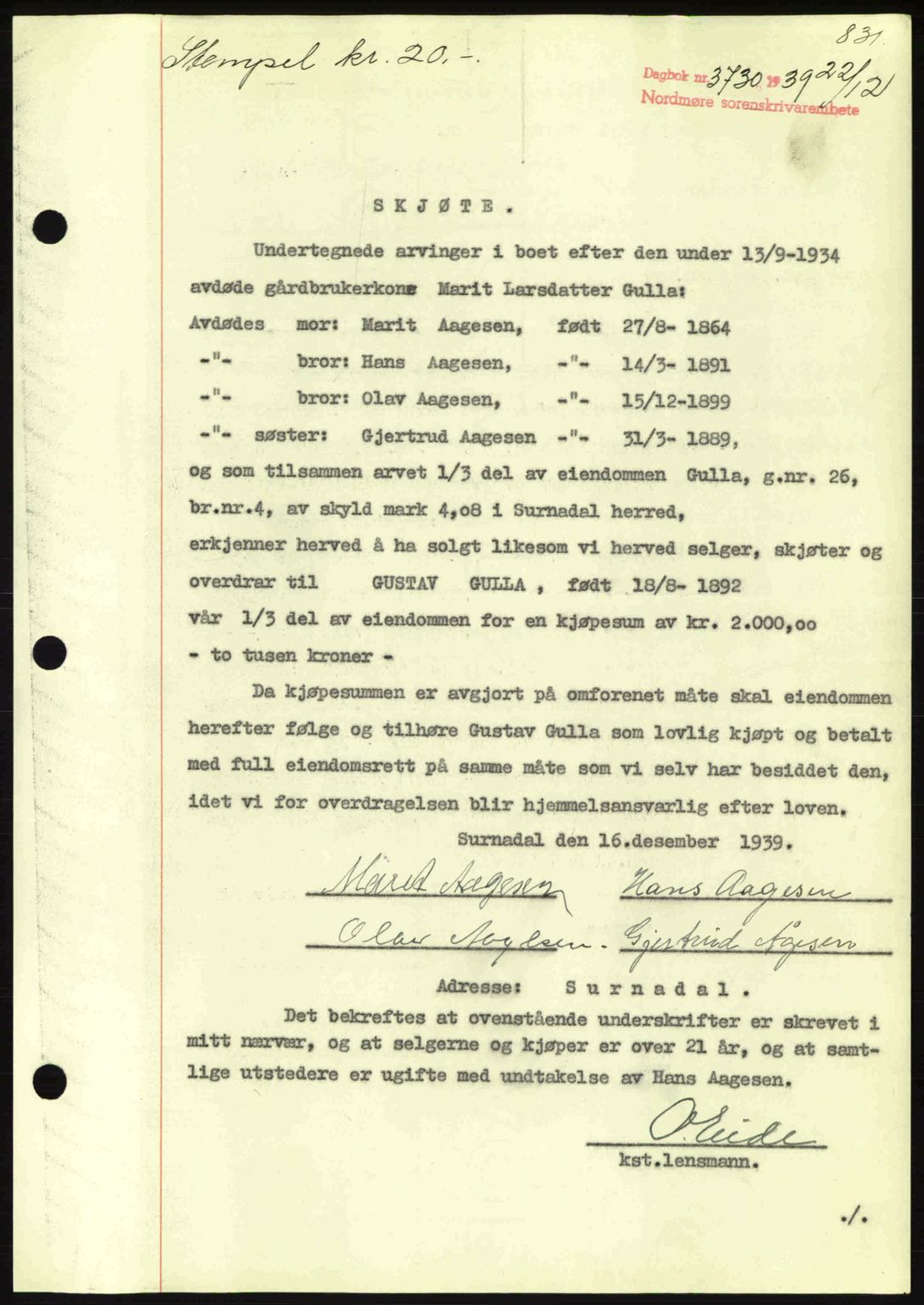 Nordmøre sorenskriveri, AV/SAT-A-4132/1/2/2Ca: Mortgage book no. A87, 1939-1940, Diary no: : 3730/1939