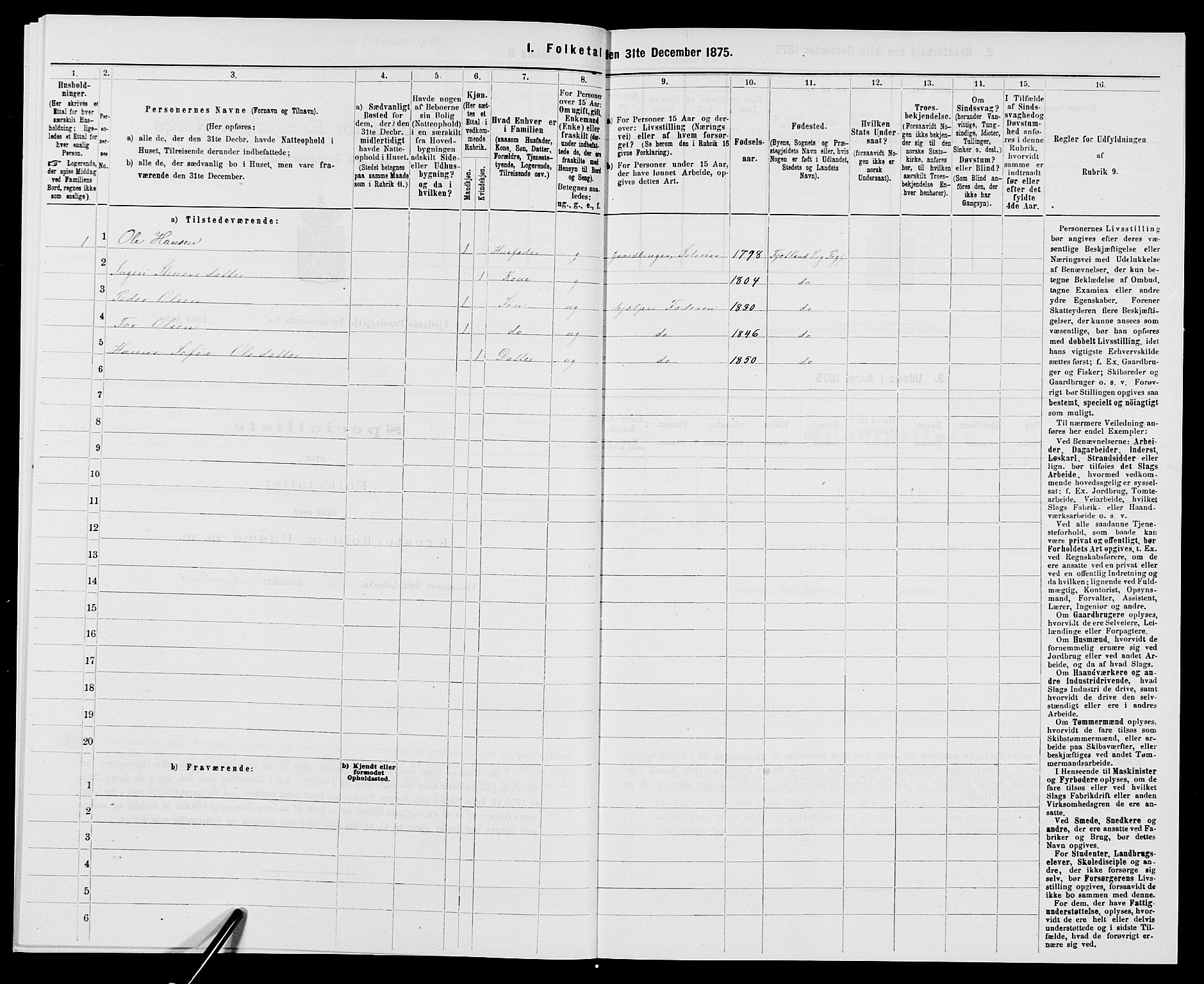 SAK, 1875 census for 1036P Fjotland, 1875, p. 308