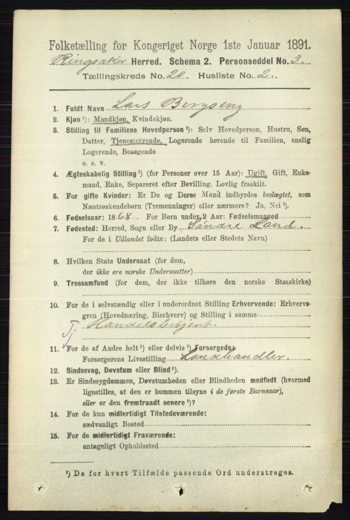 RA, 1891 census for 0412 Ringsaker, 1891, p. 11111