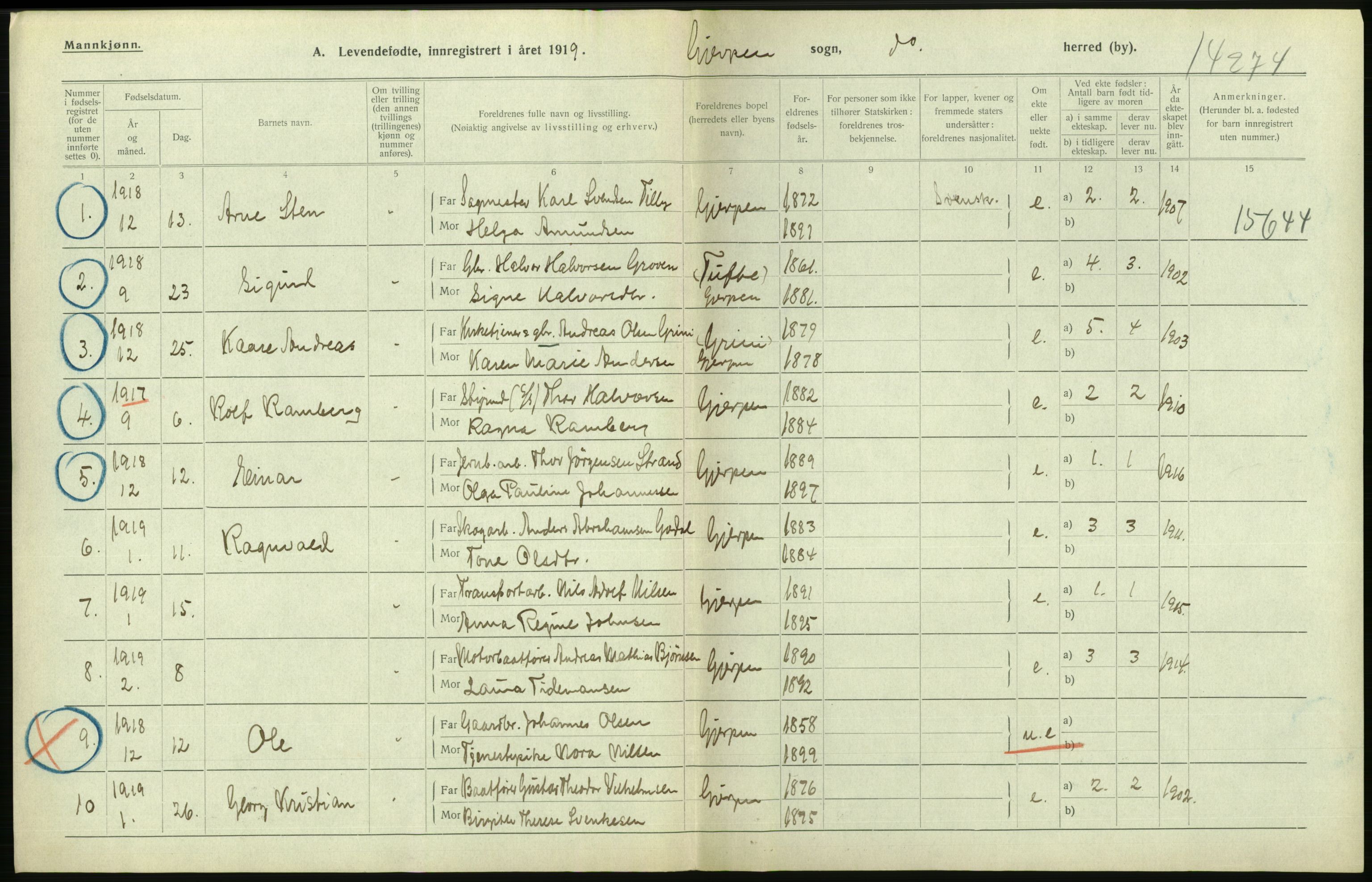 Statistisk sentralbyrå, Sosiodemografiske emner, Befolkning, RA/S-2228/D/Df/Dfb/Dfbi/L0021: Telemark fylke: Levendefødte menn og kvinner. Bygder., 1919, p. 446