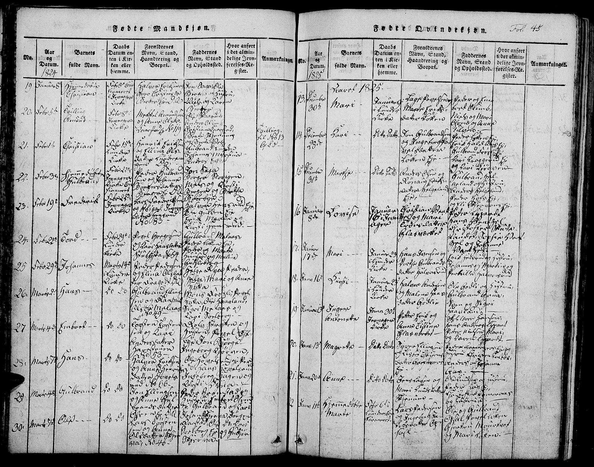 Jevnaker prestekontor, SAH/PREST-116/H/Ha/Hab/L0001: Parish register (copy) no. 1, 1815-1837, p. 45