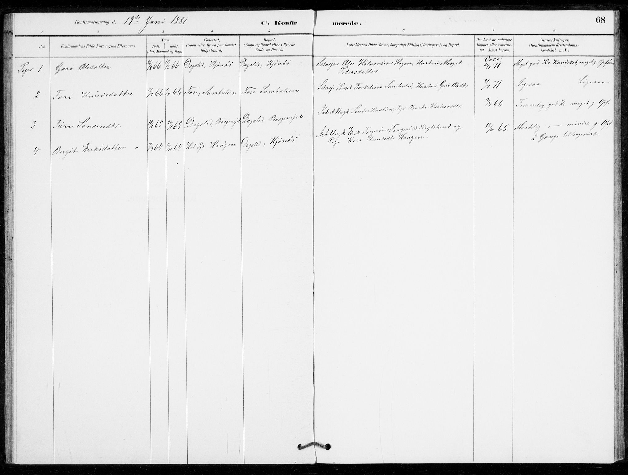 Nore kirkebøker, AV/SAKO-A-238/G/Gc/L0003: Parish register (copy) no. III 3, 1881-1941, p. 68