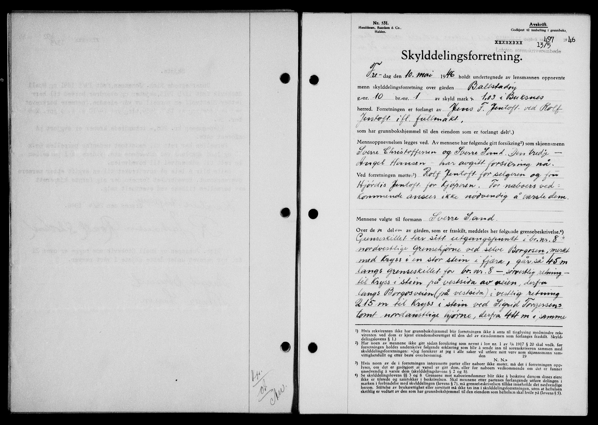 Lofoten sorenskriveri, SAT/A-0017/1/2/2C/L0014a: Mortgage book no. 14a, 1946-1946, Diary no: : 497/1946