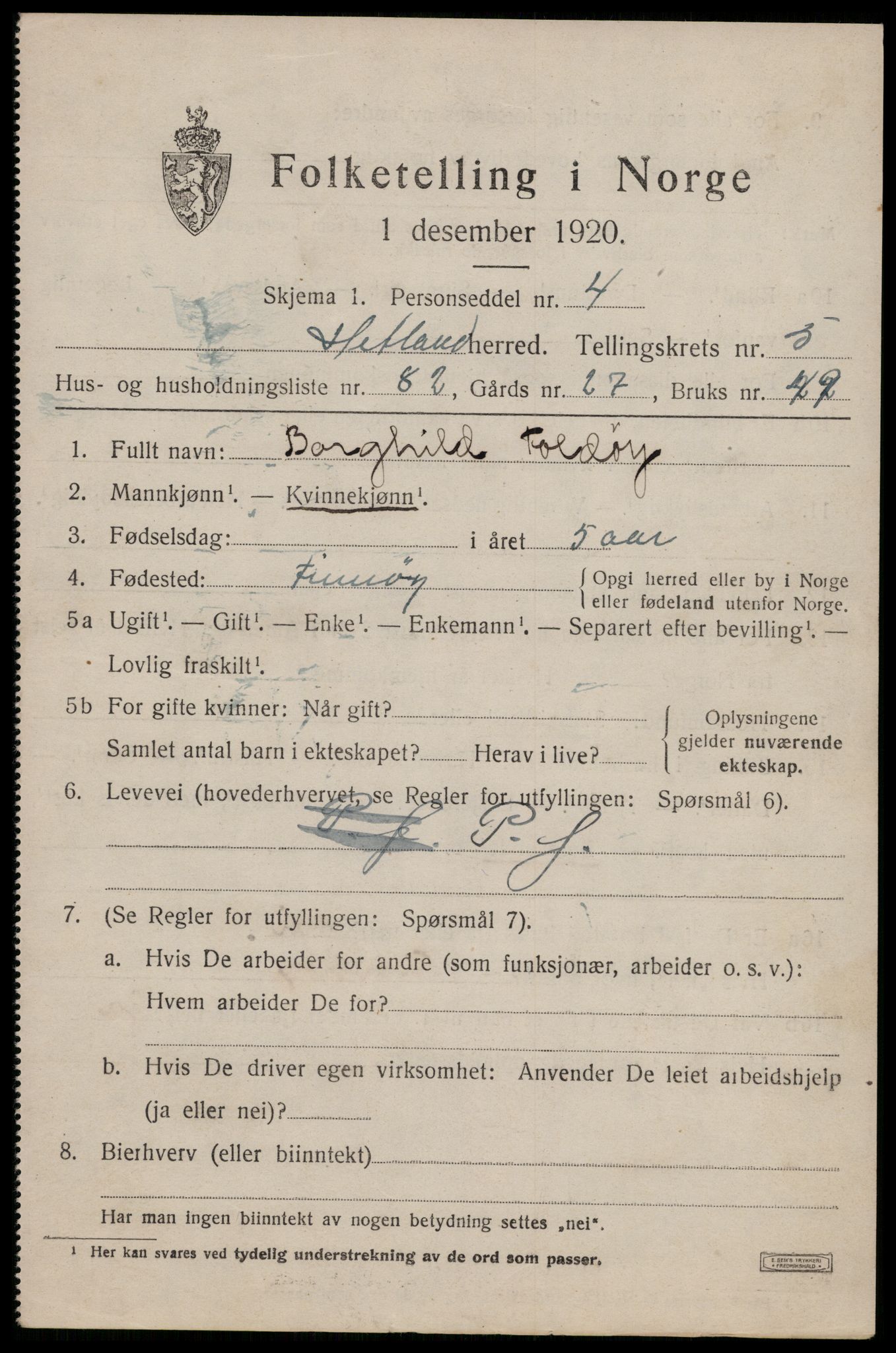 SAST, 1920 census for Hetland, 1920, p. 9453